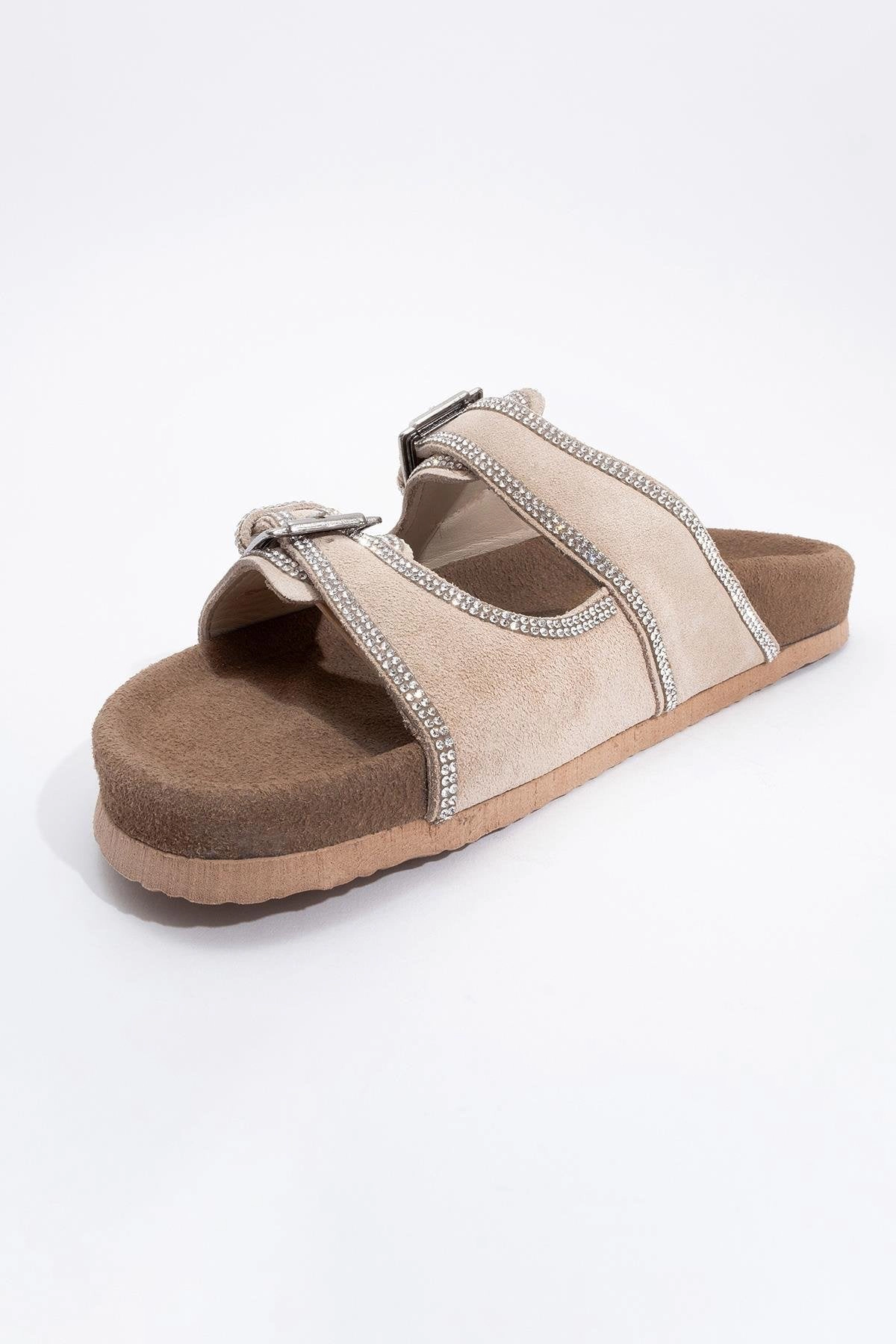 Forever & Always Womens Allen Rhinestone Leather Slide Sandal