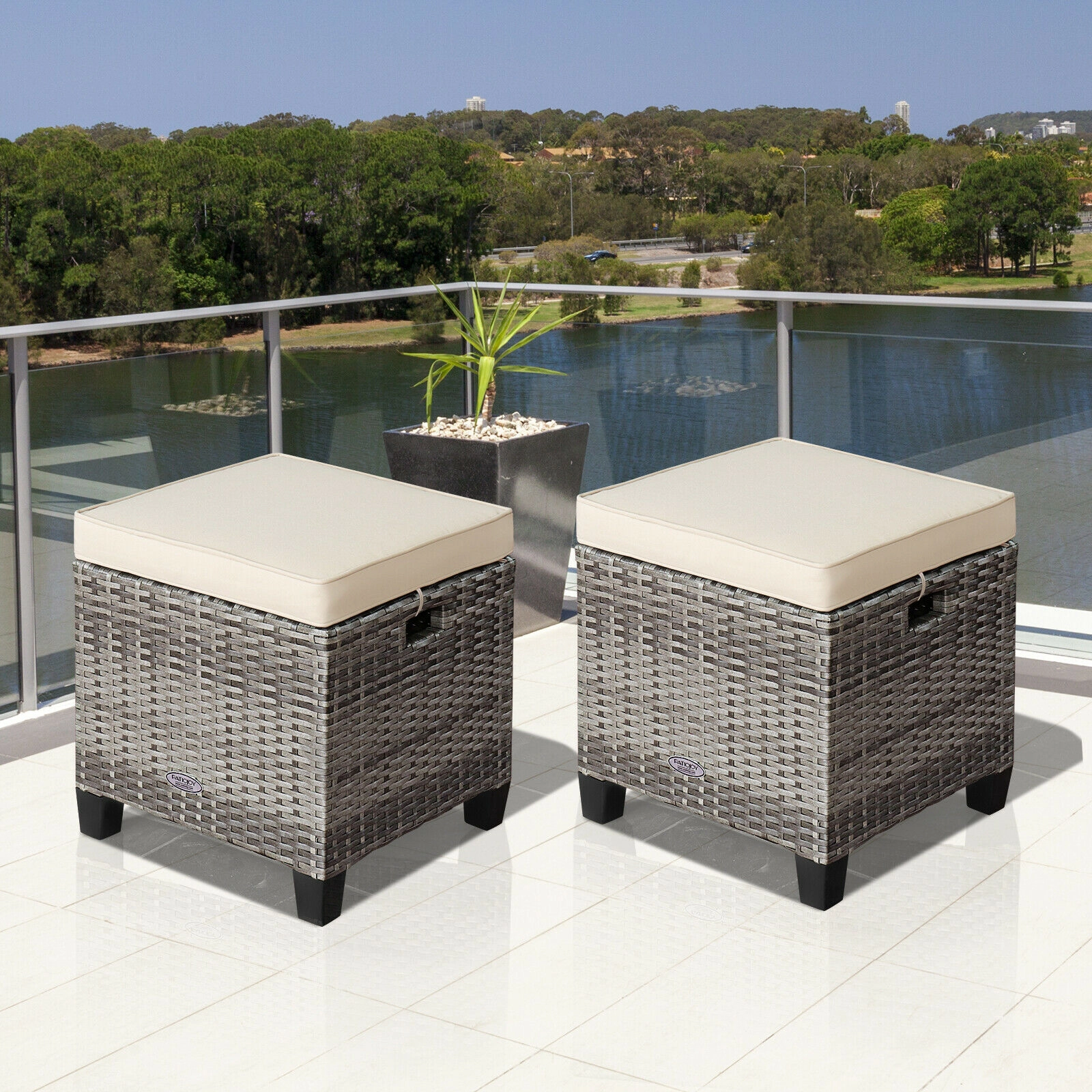 LJG 2 Pieces Patio Rattan Ottoman Seat with Removable Cushions