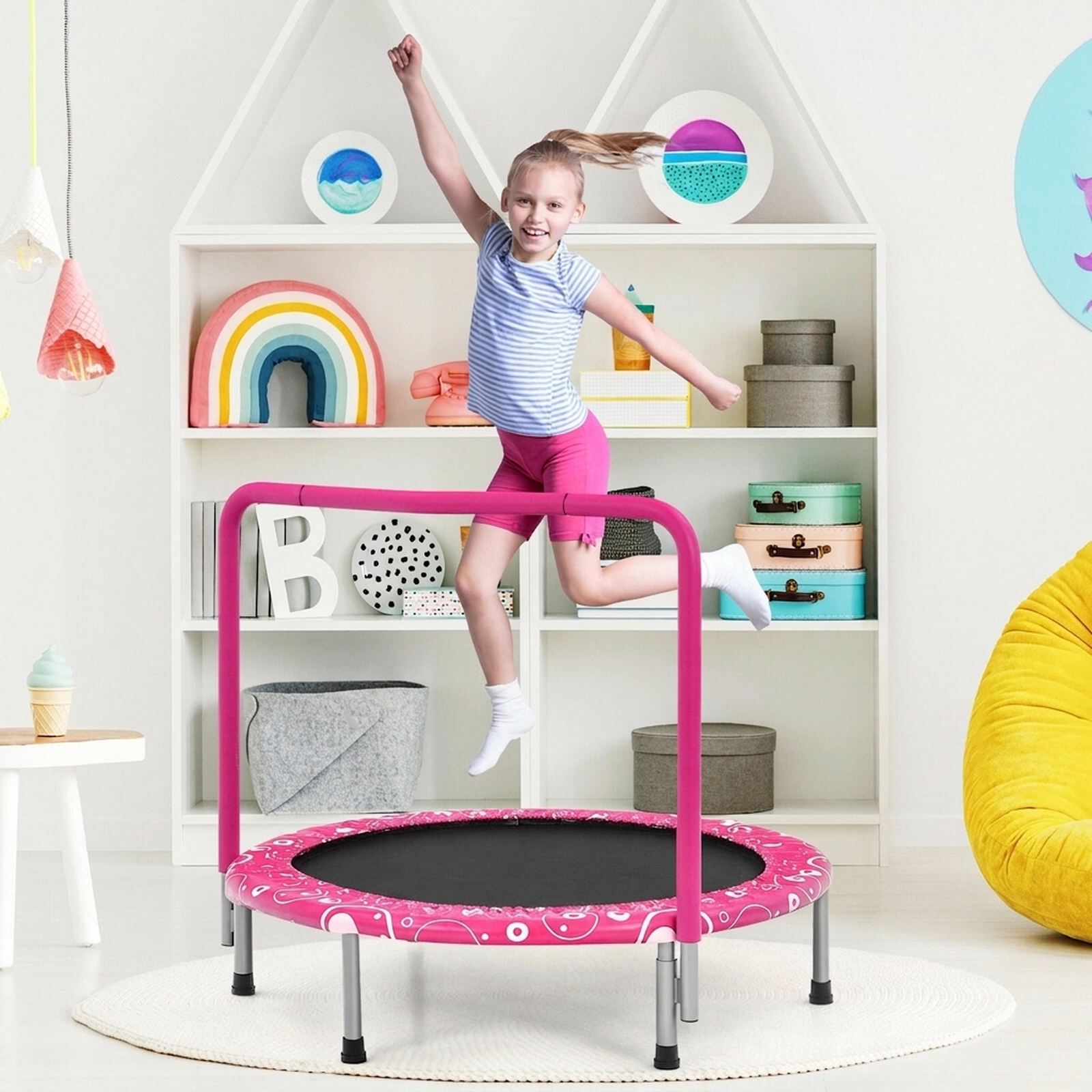 36-in Foldable Kids Trampoline Mini Rebounder Full Covered Foam Handrail 330-lb Capacity Ages 3-10 Pink Indoor Outdoor