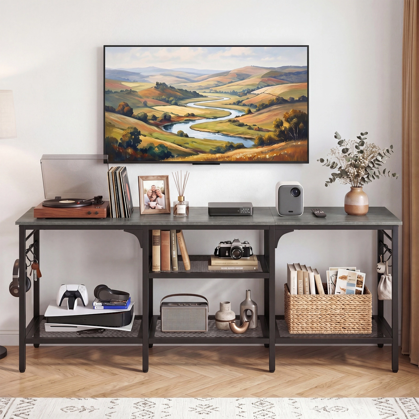 SUGIFT 3-Tier TV Stand with Open Shelves and 4 Hooks 685-lb Total Capacity 55-in Wide for TVs up to 65 in Oak & Black