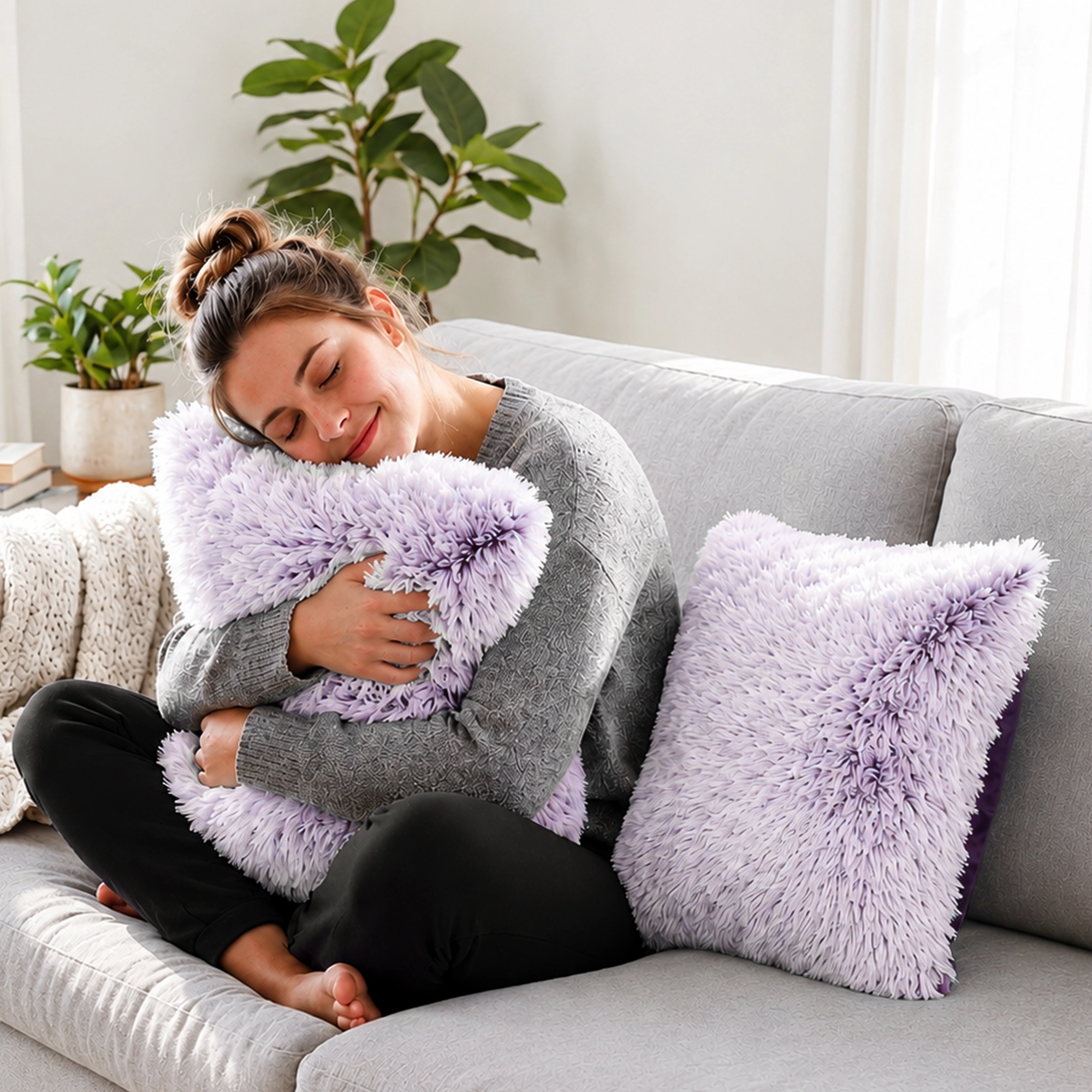 Cheer Collection 18-Inch Blue Long Hair Shaggy Faux Fur Square Throw Pillows with Inserts, 2-Pack