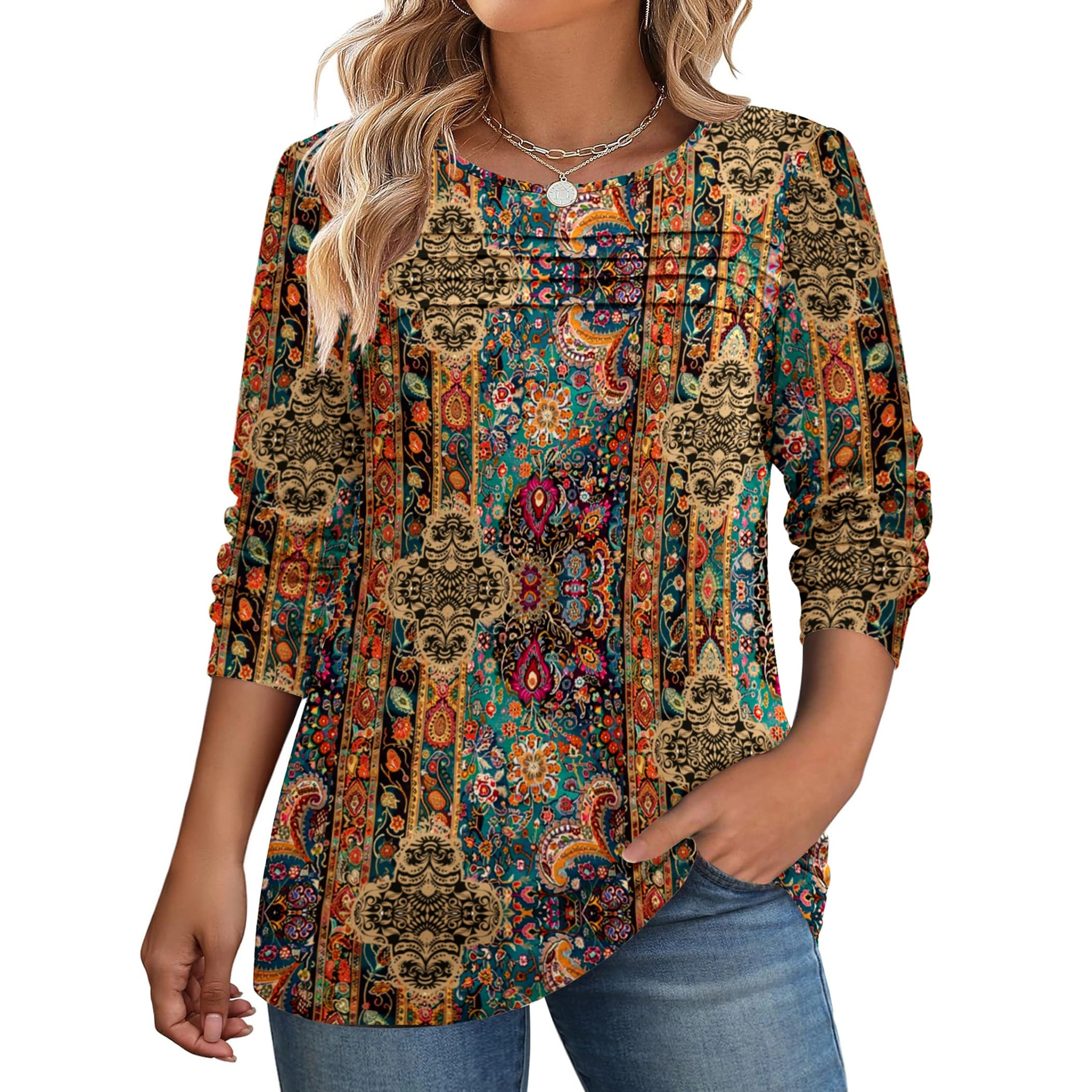 Zeagoo Women Pleated Crew Neck Tunic Top