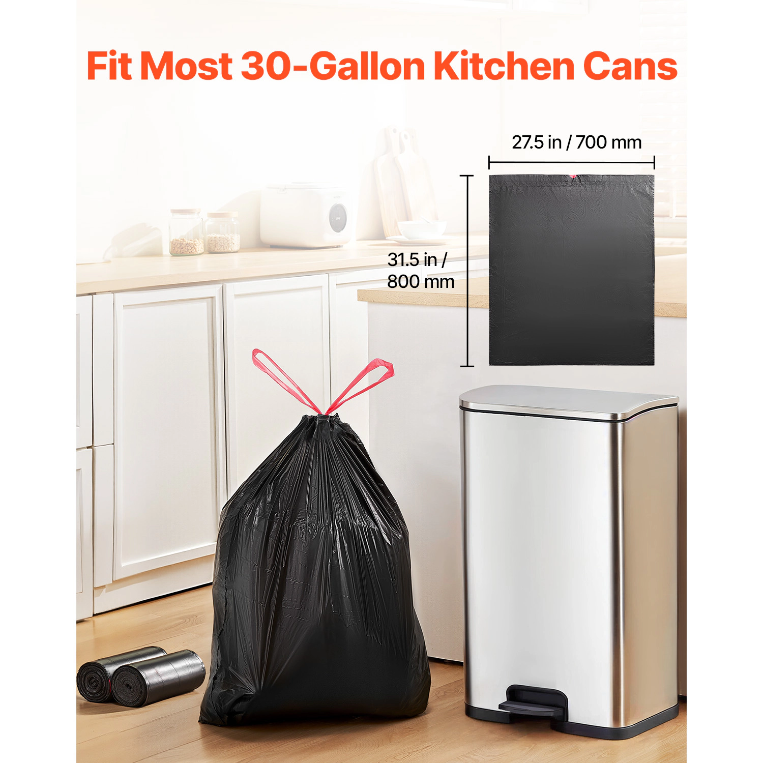 HONGGE 30-Gallon Drawstring Trash Bags, 50 Count Extra Thick Tall Kitchen Garbage Bags, Black