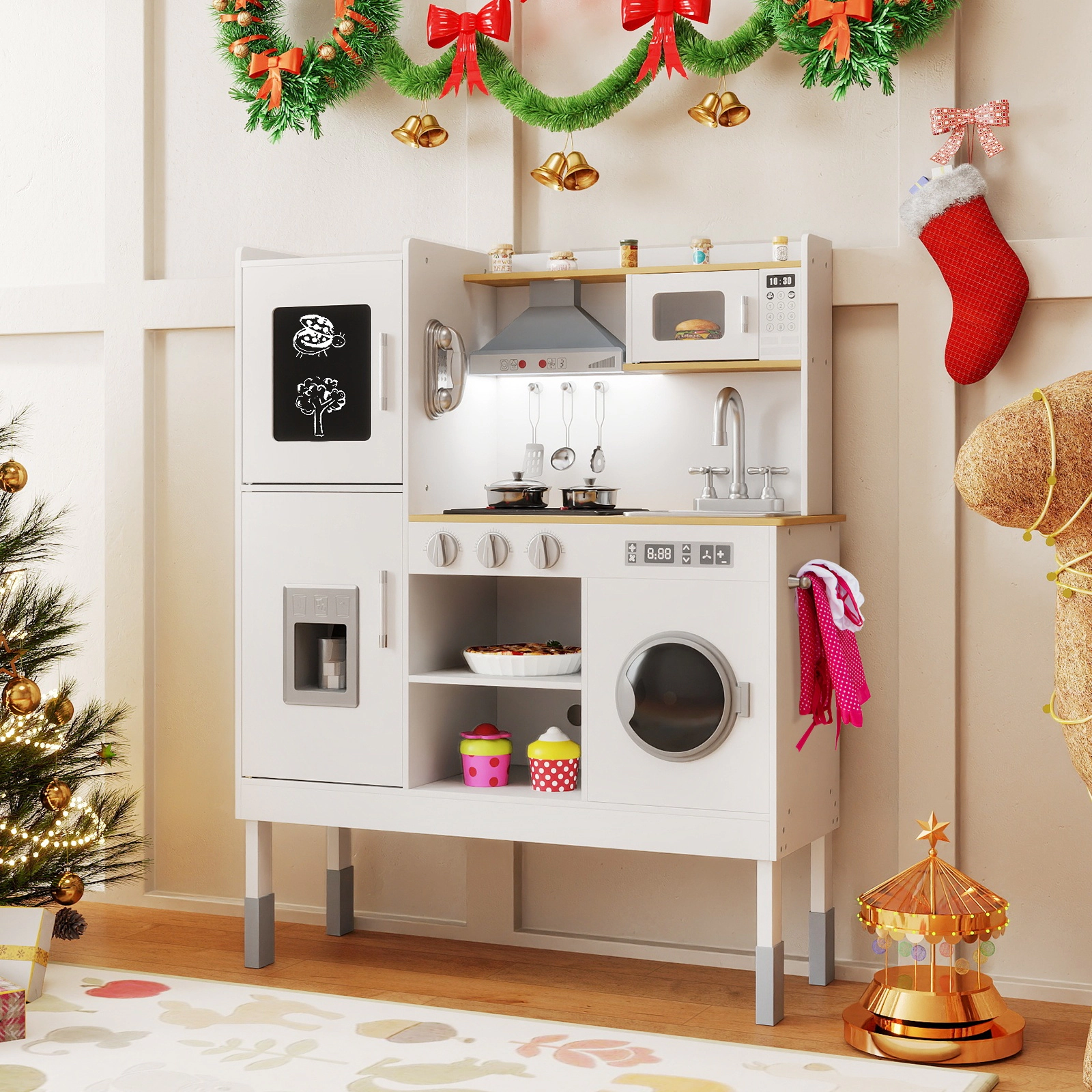 SUGIFT Adjustable Pretend Play Kitchen Playset Range Hood Ice Maker Telephone & Storage Ages 3+ Pink/White/Light Pink