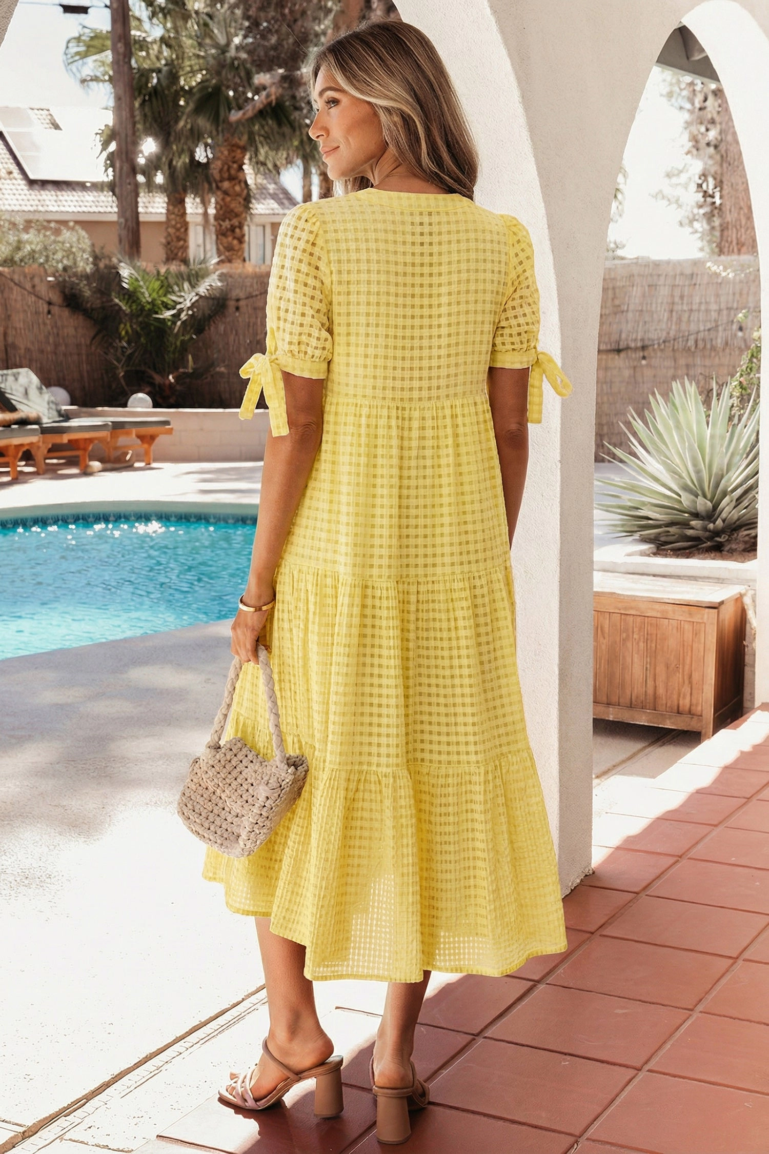 Threaded Pear Womens Skyla Sleeve Tiered Gingham Midi Dress