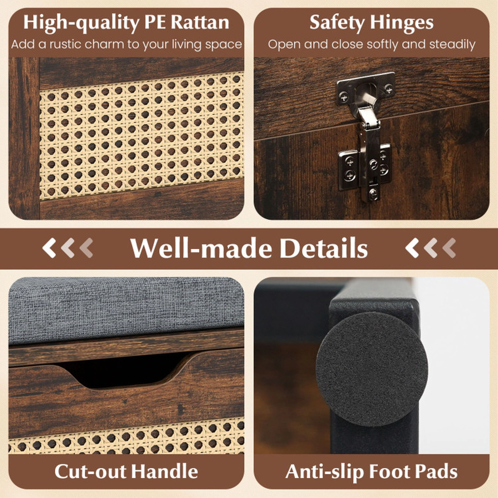 SUGIFT 39.5-in 440-lb Capacity Rattan Wicker Shoe Storage Bench with Flip Top and Padded Seat