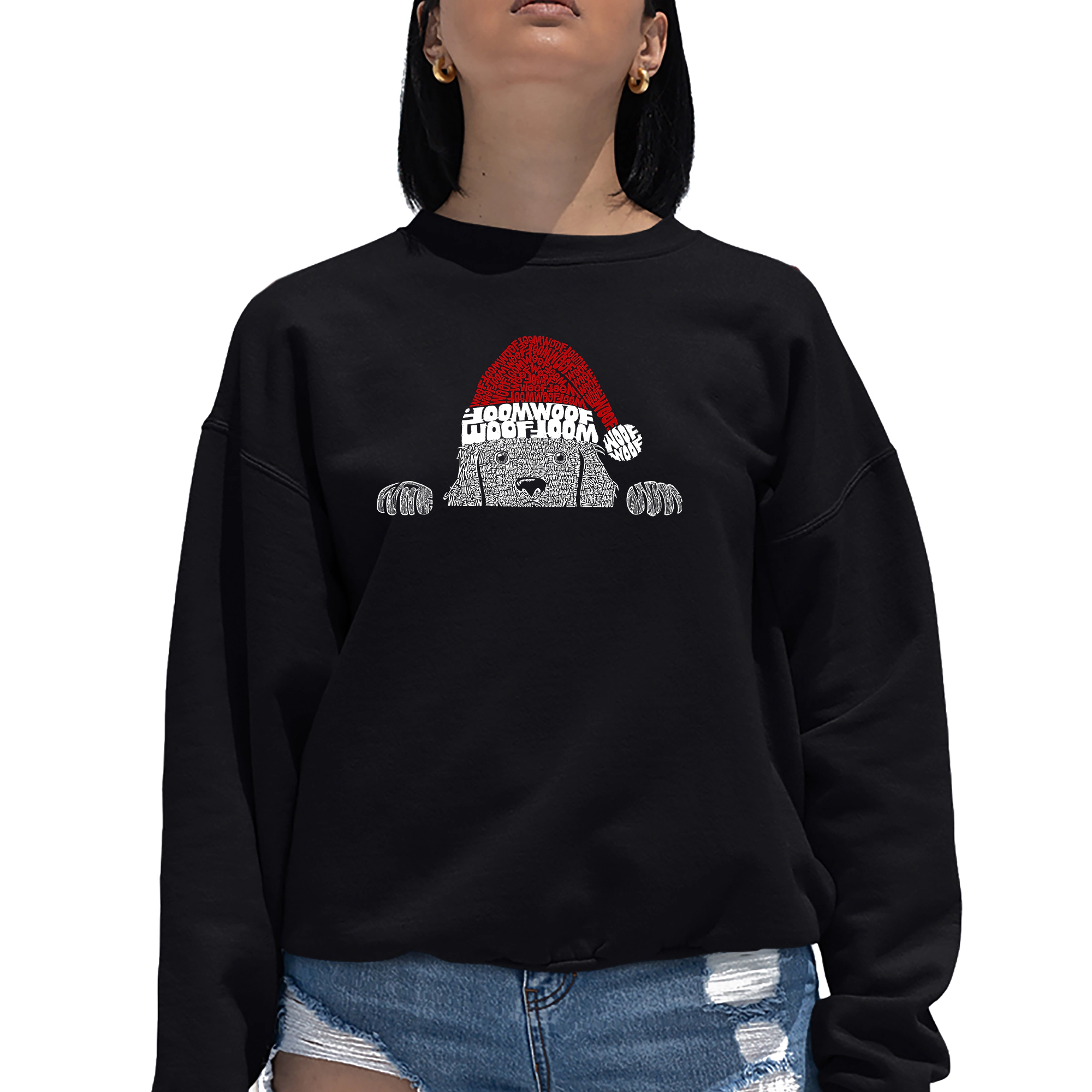 LA Pop Art Christmas Peeking Dog - Women's Word Crewneck Sweatshirt