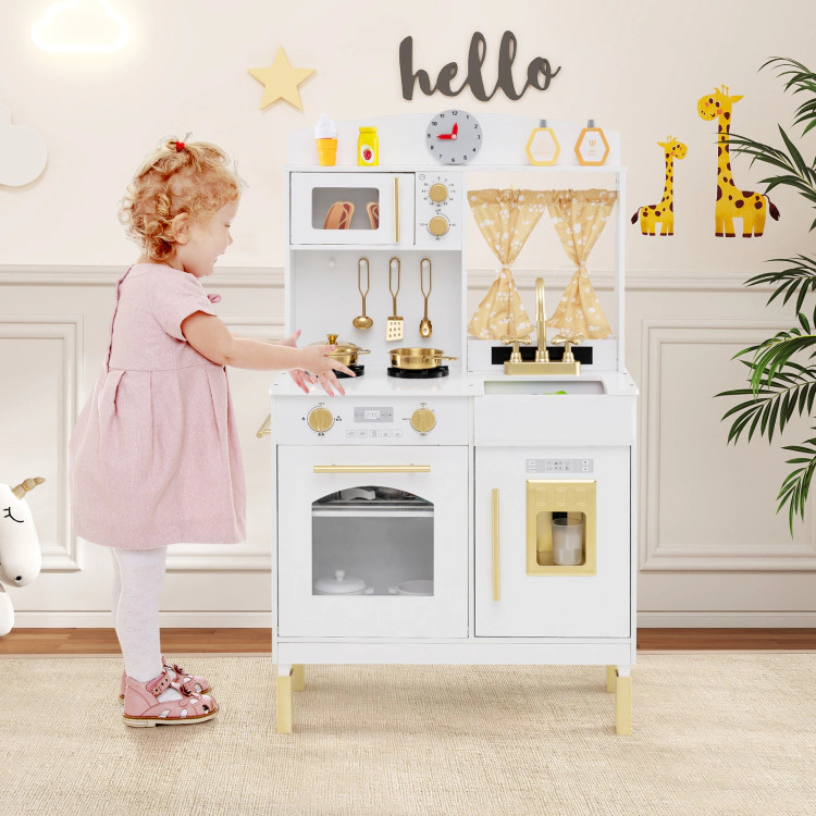 Hivvago Play Kitchen for Kids Wooden Chef Pretend Playset with 3 Adjustable Heights Microwave