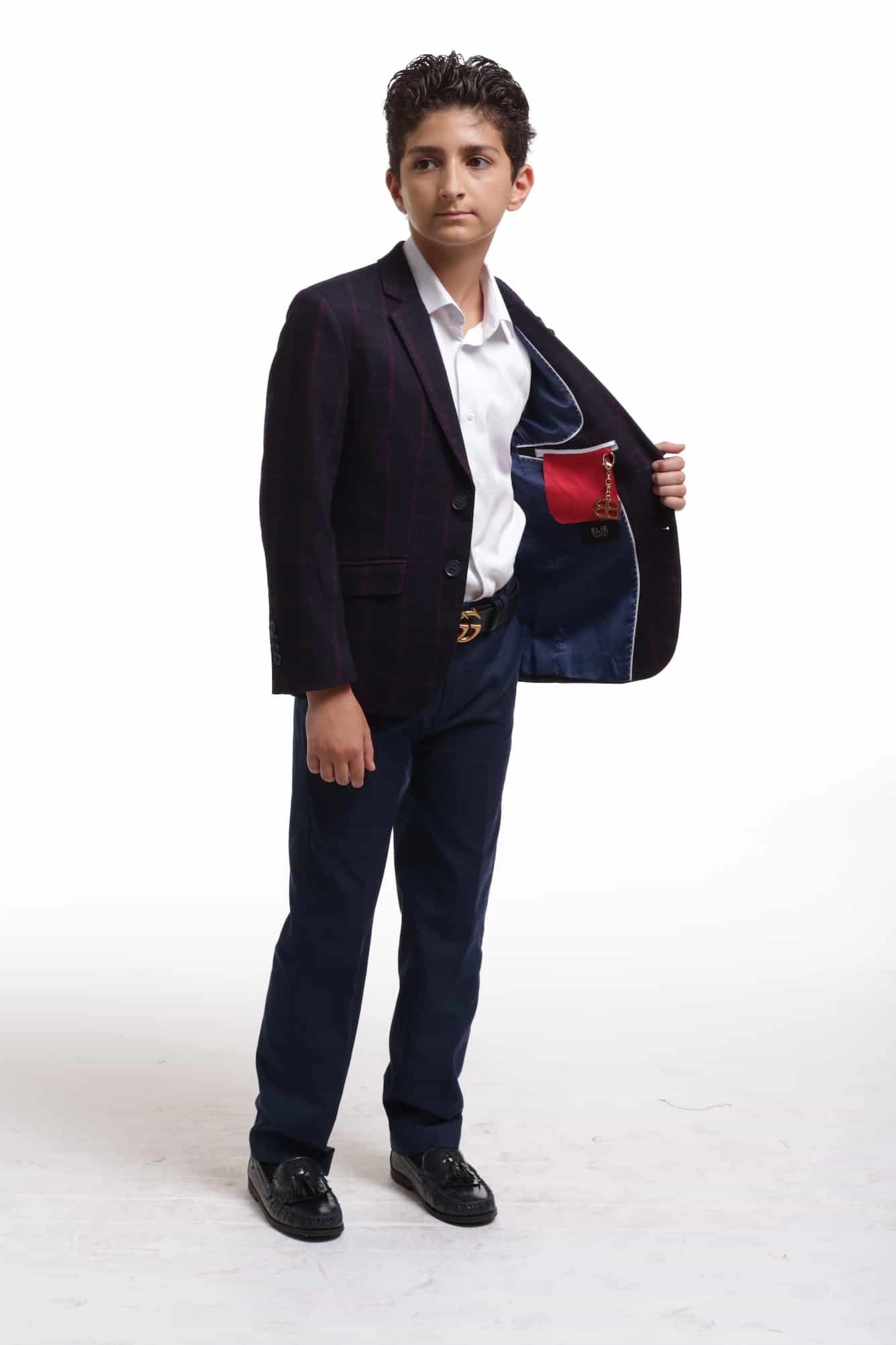 Elie Balleh Boys Slim Fit Wine Wool Checke Blazer