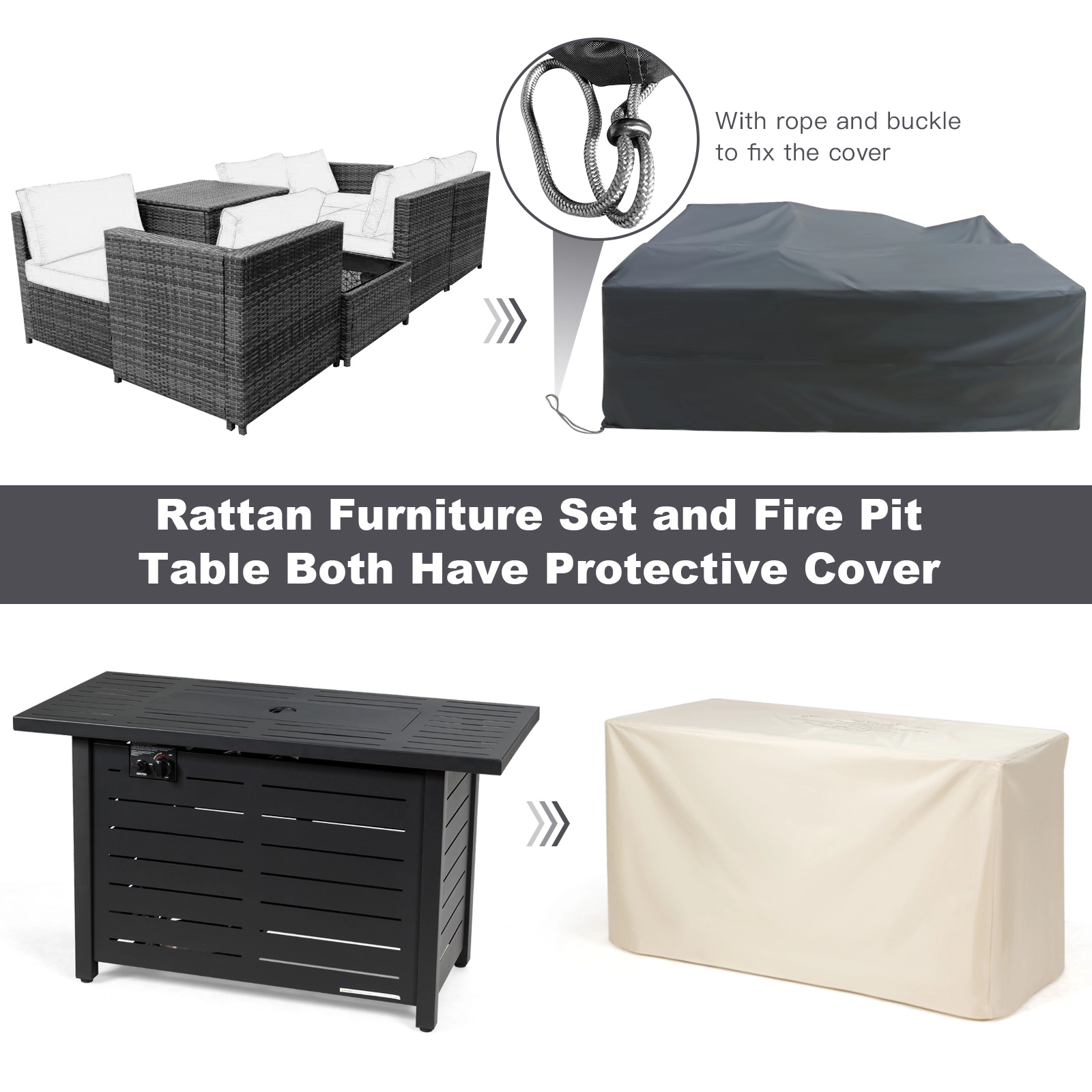 SUGIFT Rectangular Propane Fire Pit Table 60,000 BTU 220-lb Capacity with Lava Rocks and Waterproof PVC Cover Black