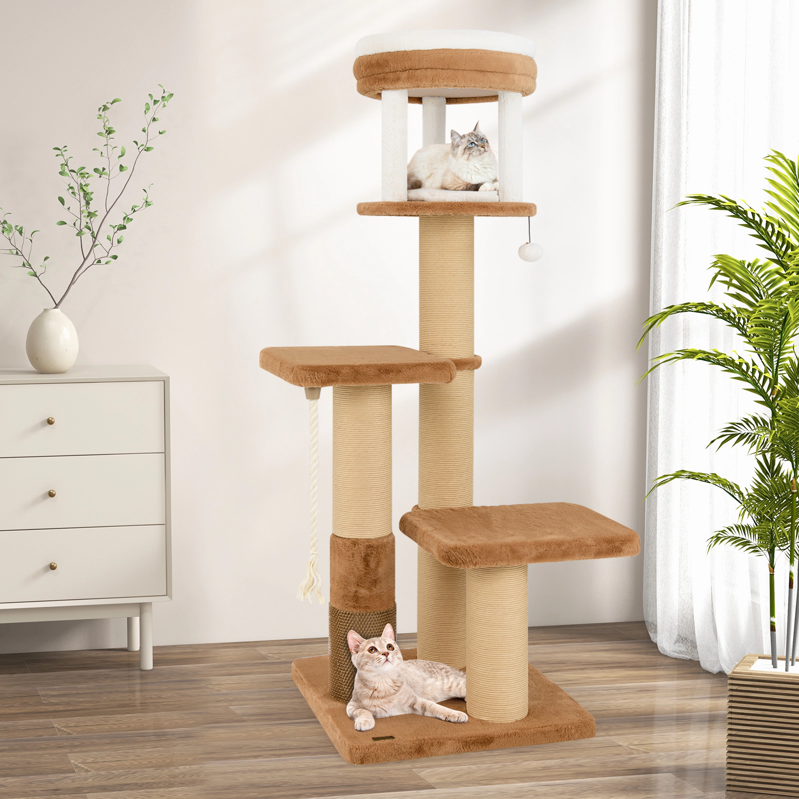 SUGIFT 65-in Tall Cat Tree with Self-groomer and Removable Cat Bed 33-lb Capacity Caramel and White