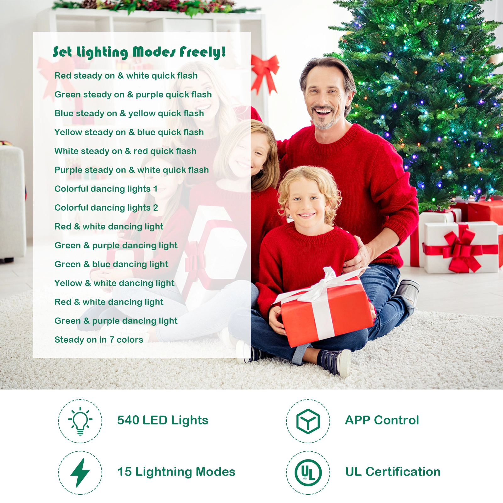 SUGIFT Pre-lit Artificial Hinged Christmas Tree APP Controlled Color Changing LED Lights 7-ft Green with Metal Stand