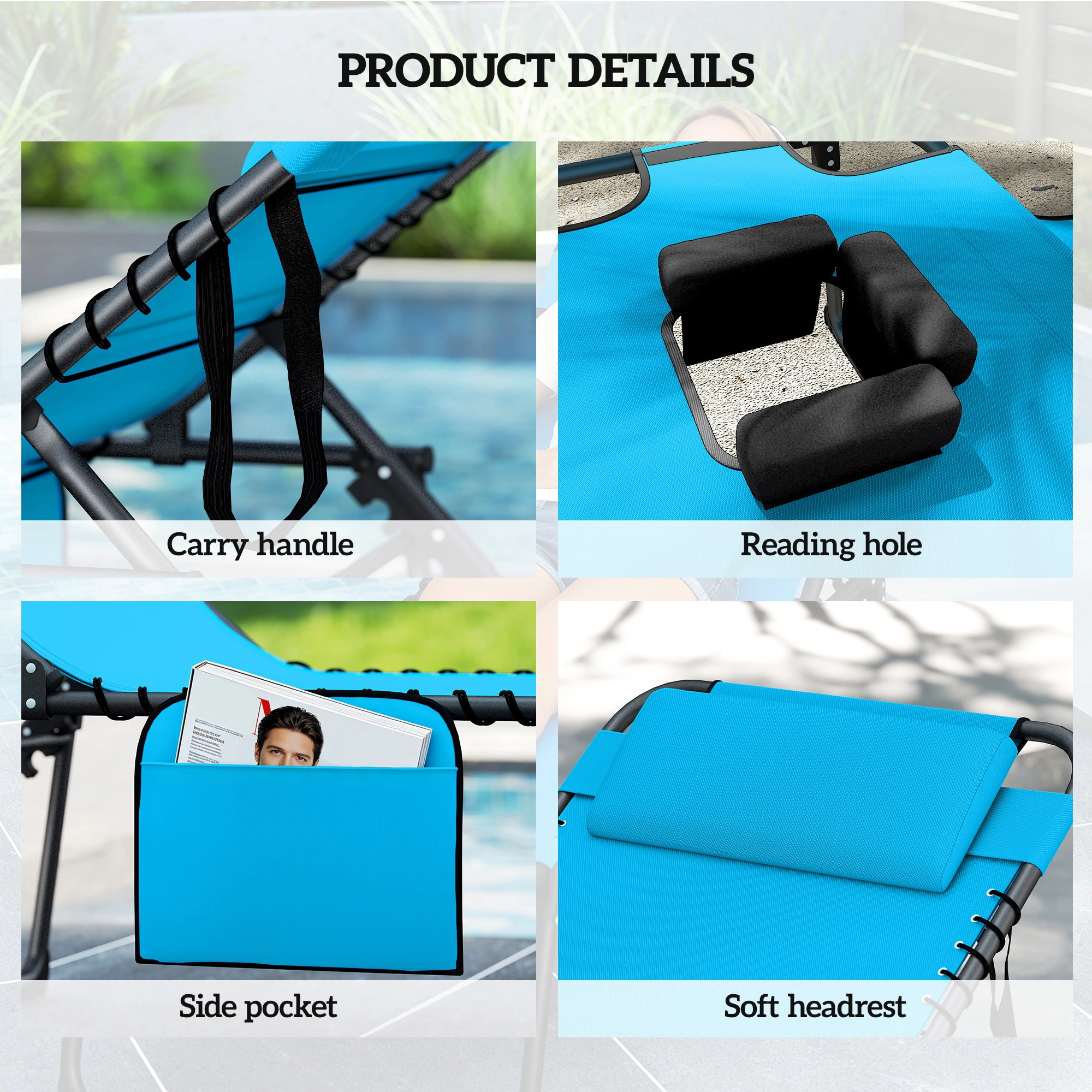 HONGGE Folding Chaise Tanning Lounge Chair w/ 5-level Reclining Back Reading Hole Side Pocket Headrest
