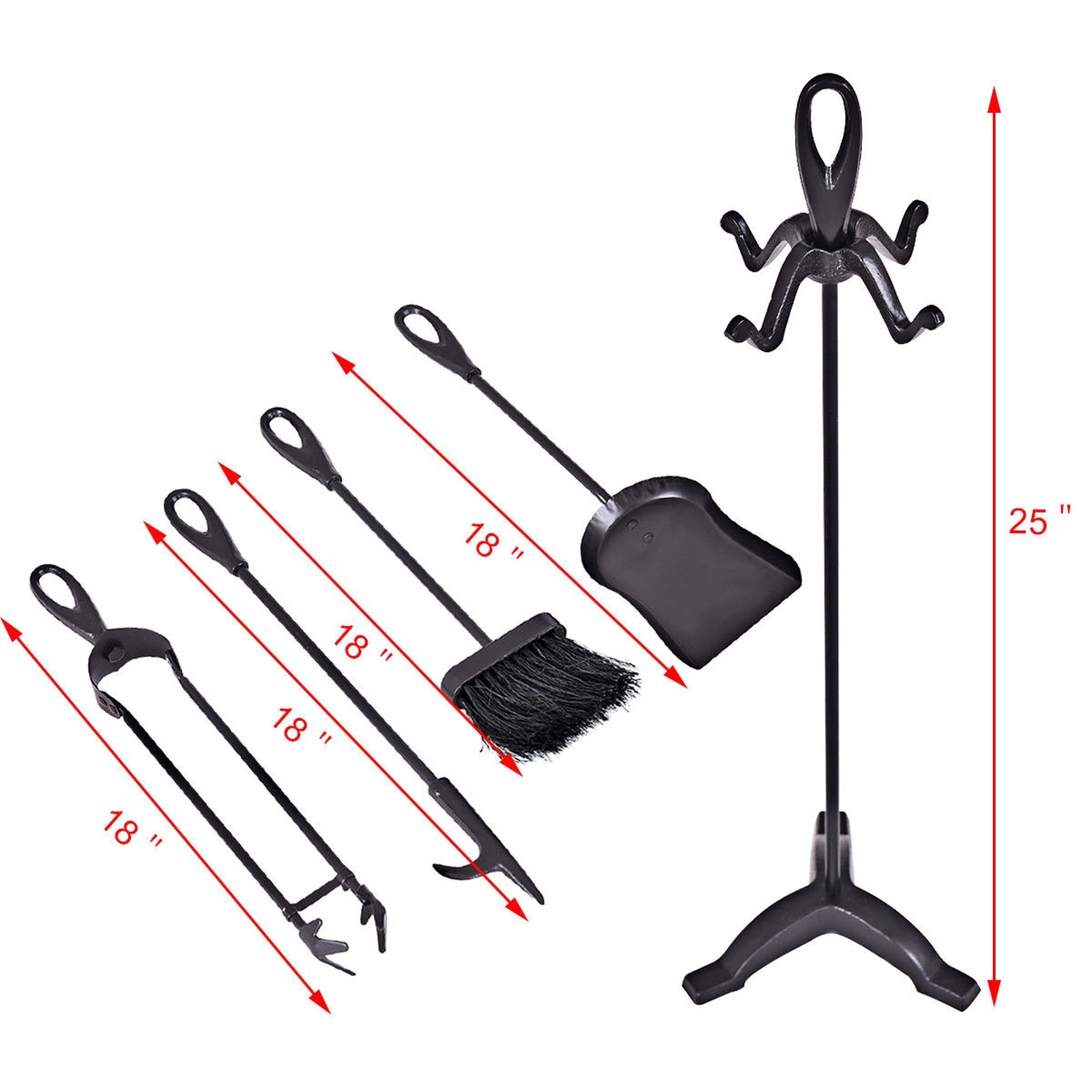 SUGIFT 5-Piece Plated Brass Handles Wrought Iron Fireplace Tool Set 25-in Stand 17.7-in Tongs 18-in Shovel 6-lb Black