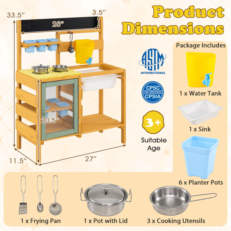 Hivvago Wooden Mud Kitchen for Toddlers with Faucet and Water Tank