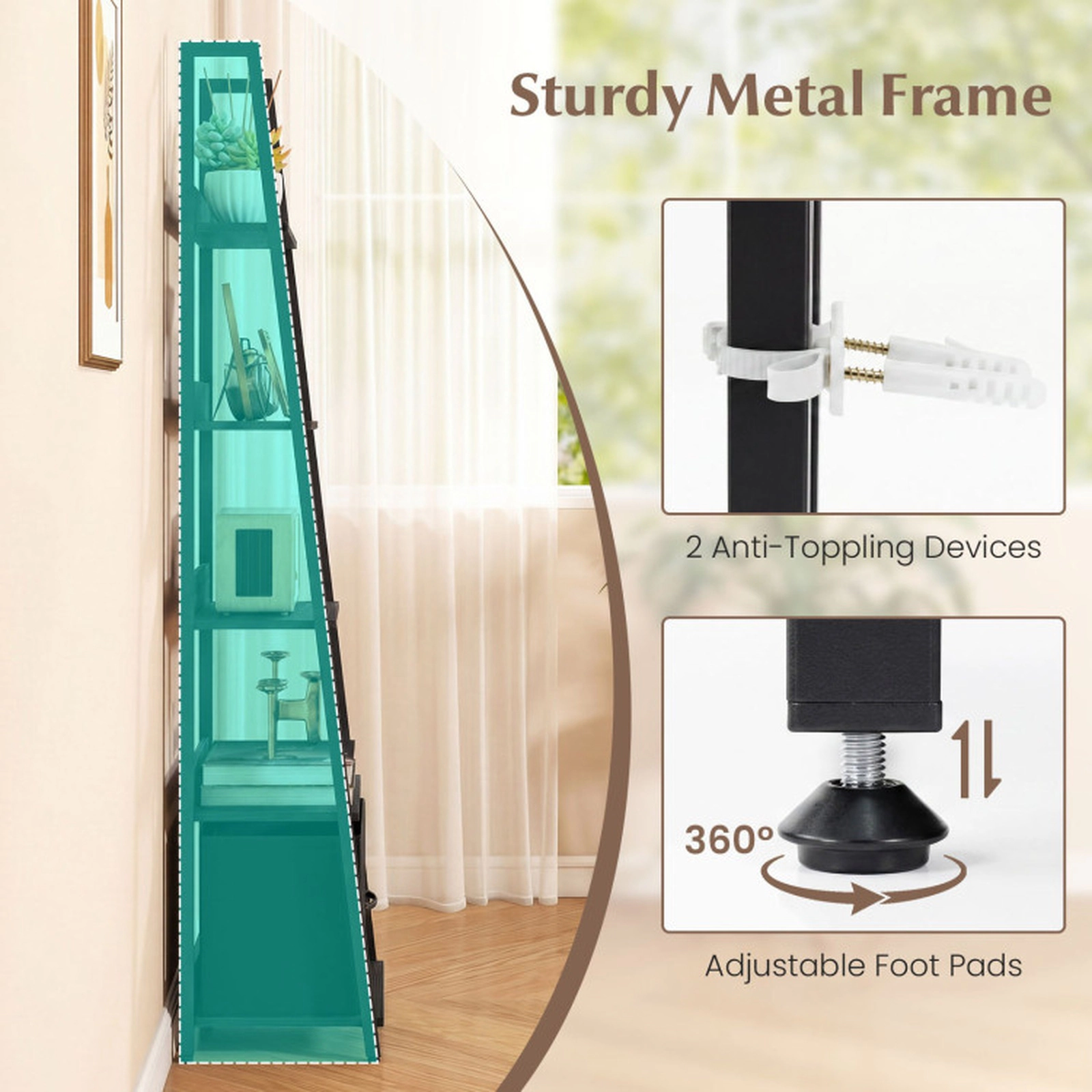 SUGIFT 5-Tier Ladder Bookshelf with Fabric Drawer 44-lb Shelf Capacity Black