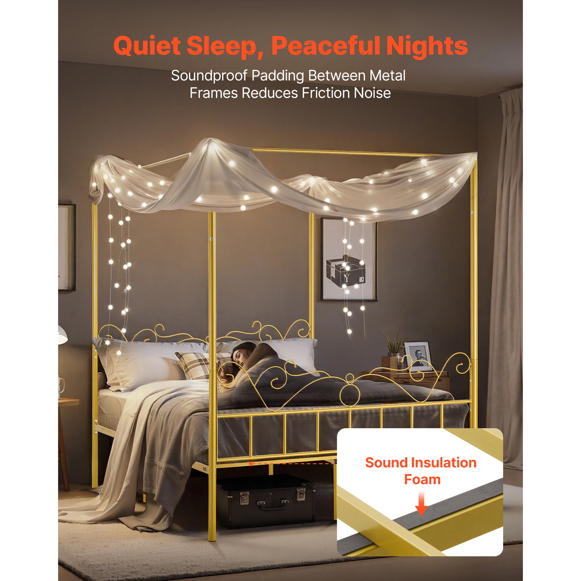 HONGGE Canopy Bed Frame Metal with Minimalist Headboard & Four Posters Design Heavy Duty Steel Slats Support