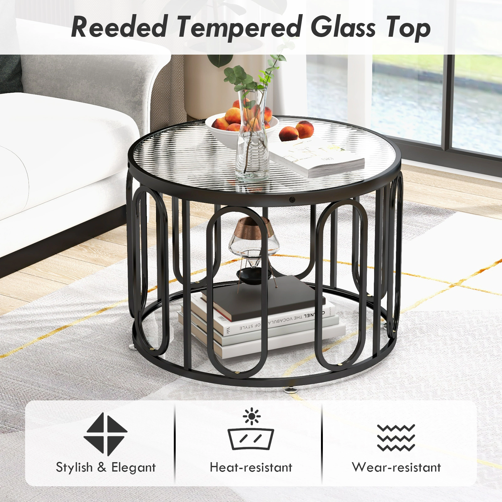 Glintex 24-Inch Round Coffee Table with Reeded Glass Top and Swivel Brackets, Black