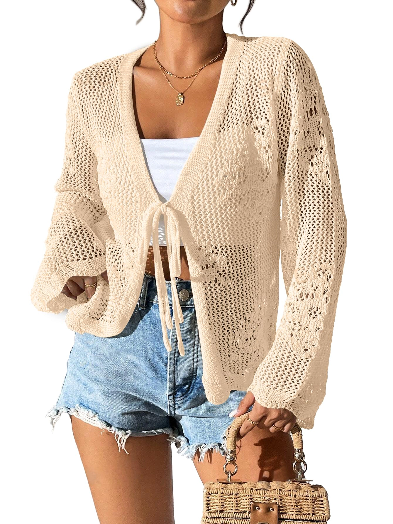 KOJOOIN Open Knit Cardigan for Women Tie Front V Neck Long Sleeve Drop Shoulder Casual Cover Up