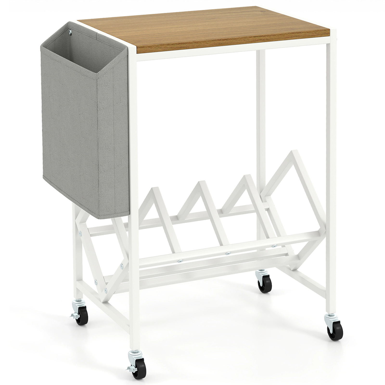 SUGIFT Rolling 2-Tier Record Player Stand with Vinyl Storage and Magazine Holder 55-lb Tabletop Capacity Natural & White