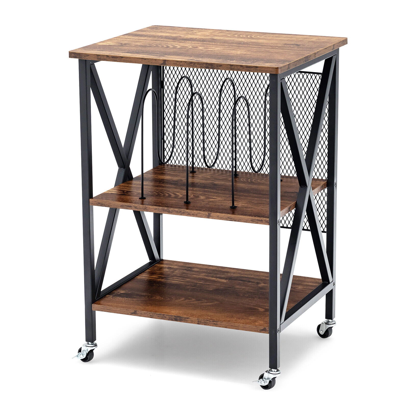 Glintex Rolling 3-Tier Vinyl Record Stand with 3 Dividers and Lockable Casters, Brown