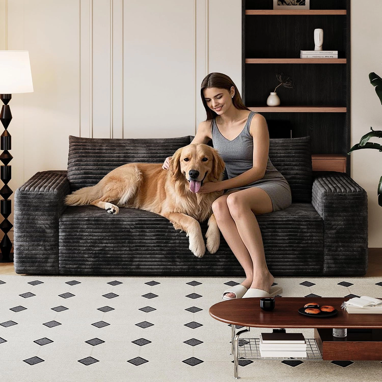 RENDGO 63 inch Black Small Boneless Cloud Loveseat Sofa with Chaise for Living Room No Assembly Required