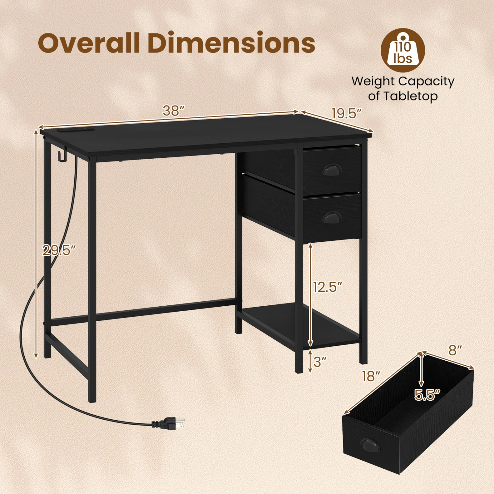 SUGIFT 38-Inch Computer Desk with Fabric Drawers, Charging Station, Shelf and Headset Hook