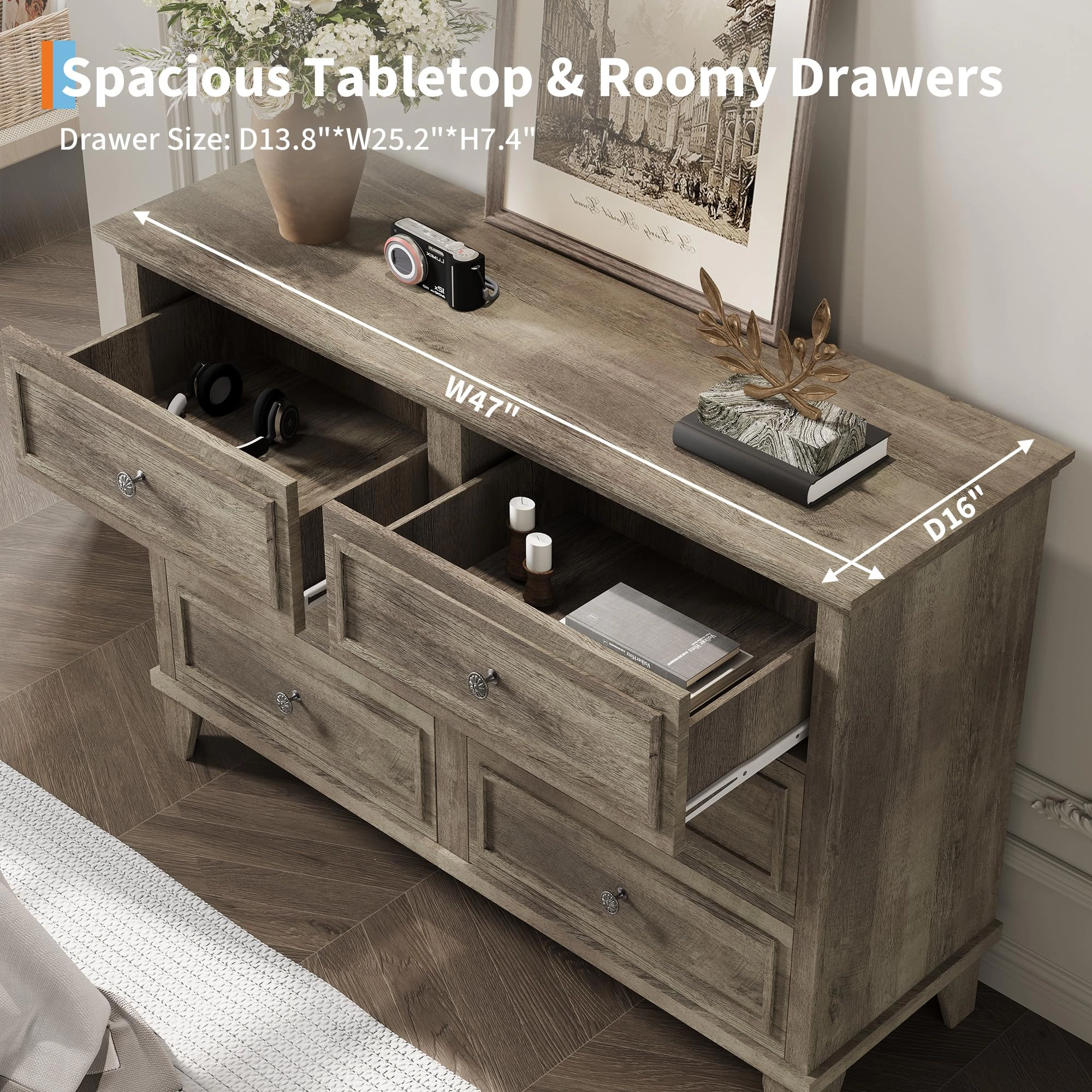 6 Drawer Dresser, Wooden Storage Chest with Metal Handles, Large TV Stand for Bedroom & Living Room