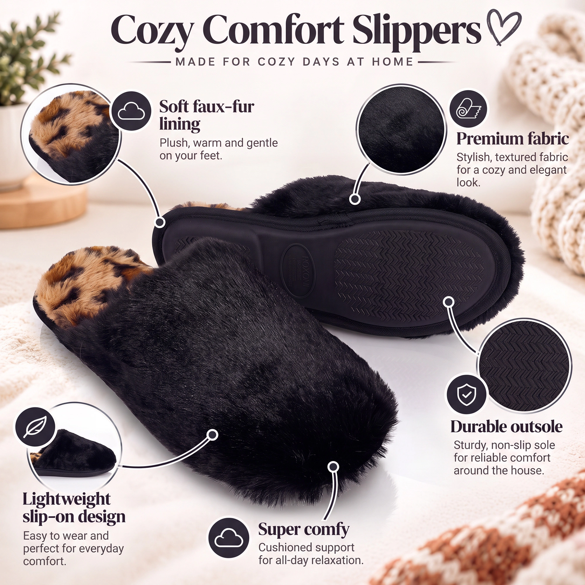 Roxoni Women’s Winter Cozy Slippers with 3-Pack Fuzzy Ankle Socks