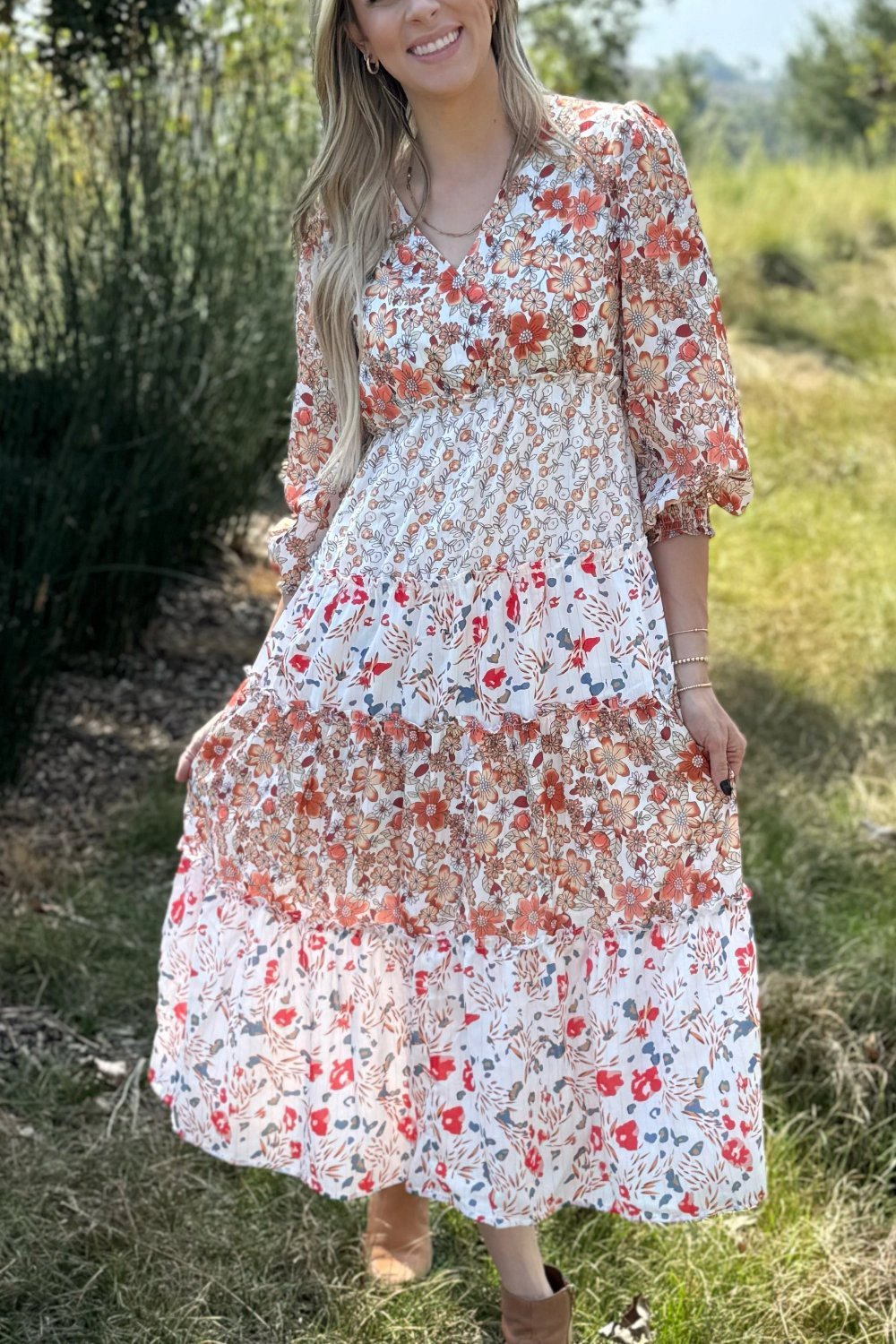 Threaded Pear Women's Lily Floral Ruffled Tiered Midi Dress