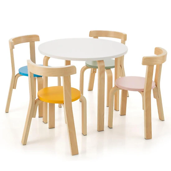 Hivvago 5-Piece Kids Wooden Curved Back Activity Table And Chair Set With Toy Bricks