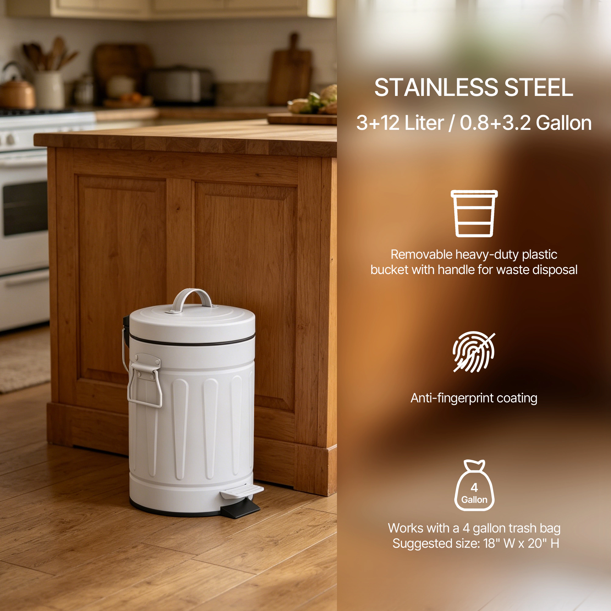 Innovaze 3.2 Gal./12-Liter and 0.8 Gal./3 Liter Old Time Style Round  White  Metal Step-on Trash Can Set
