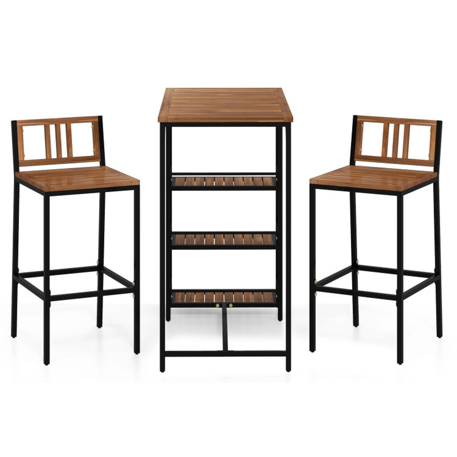 SUGIFT Outdoor Bar Set with 3-Tier Storage Shelf 400-lb Chair Capacity Black + Natural