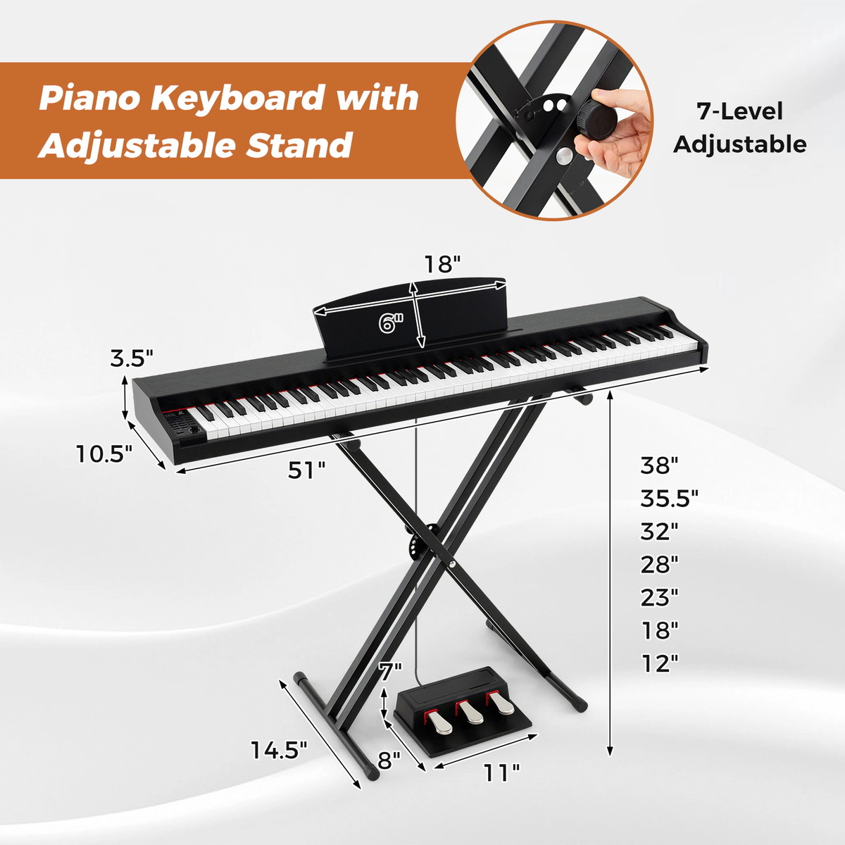 SUGIFT Black 88-Key Electric Keyboard Piano with 7-Level Adjustable Stand and Triple Pedals 51-in W 10.5-in D