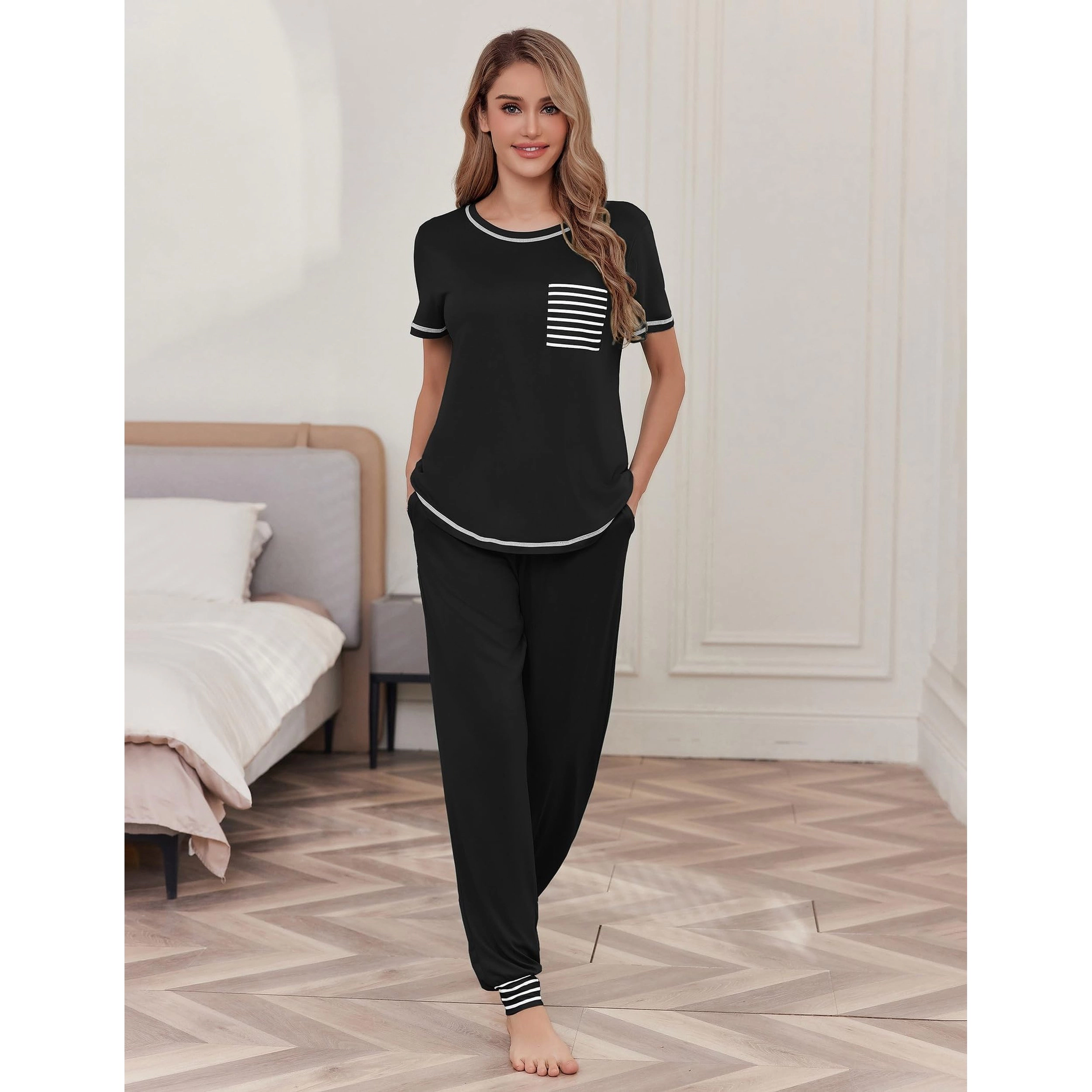 Ekouaer Women's Soft Short-Sleeve Pajama Set with Long Pants