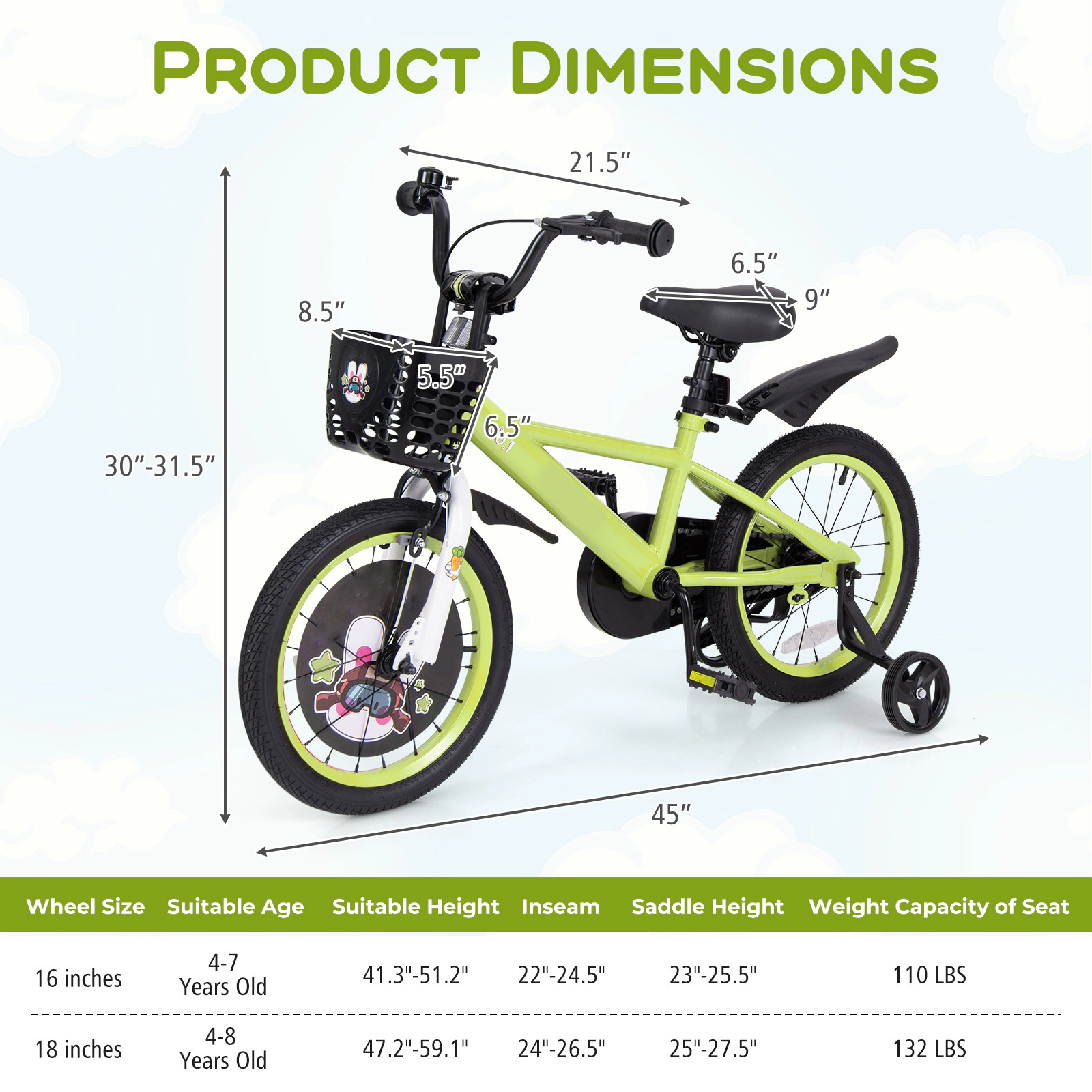 SUGIFT Adjustable 16-in Kids Bicycle with Hand Brake and Detachable Training Wheels 110-lb Seat Capacity Ages 4-7 Green