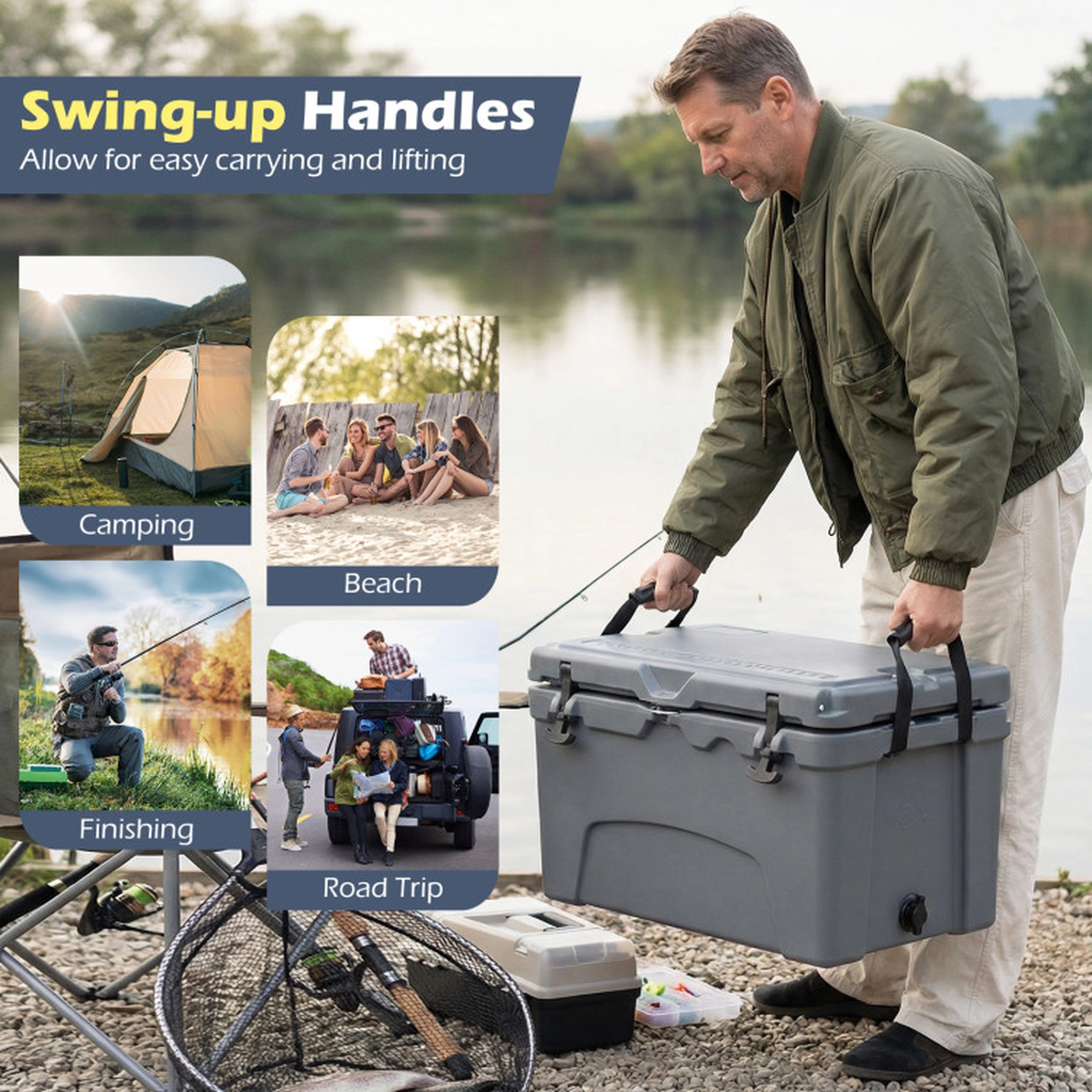 SUGIFT 45-Quart Gray Hard Side Cooler with 6-Day Ice Retention 27-in W 16.5-in D 16.5-in H 440-lb Lid Capacity