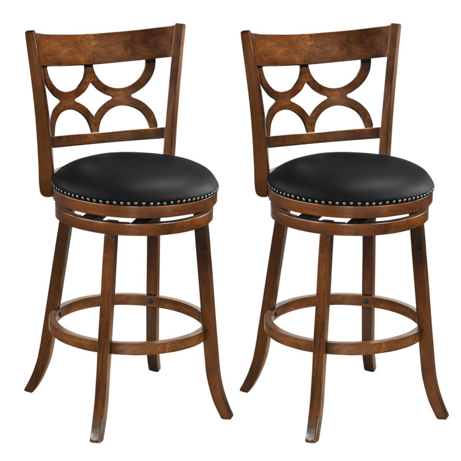 SUGIFT Set of 2 Espresso Swivel Bar Stools, High Backrest, Nailhead Trim, 26/31 in Seat Height