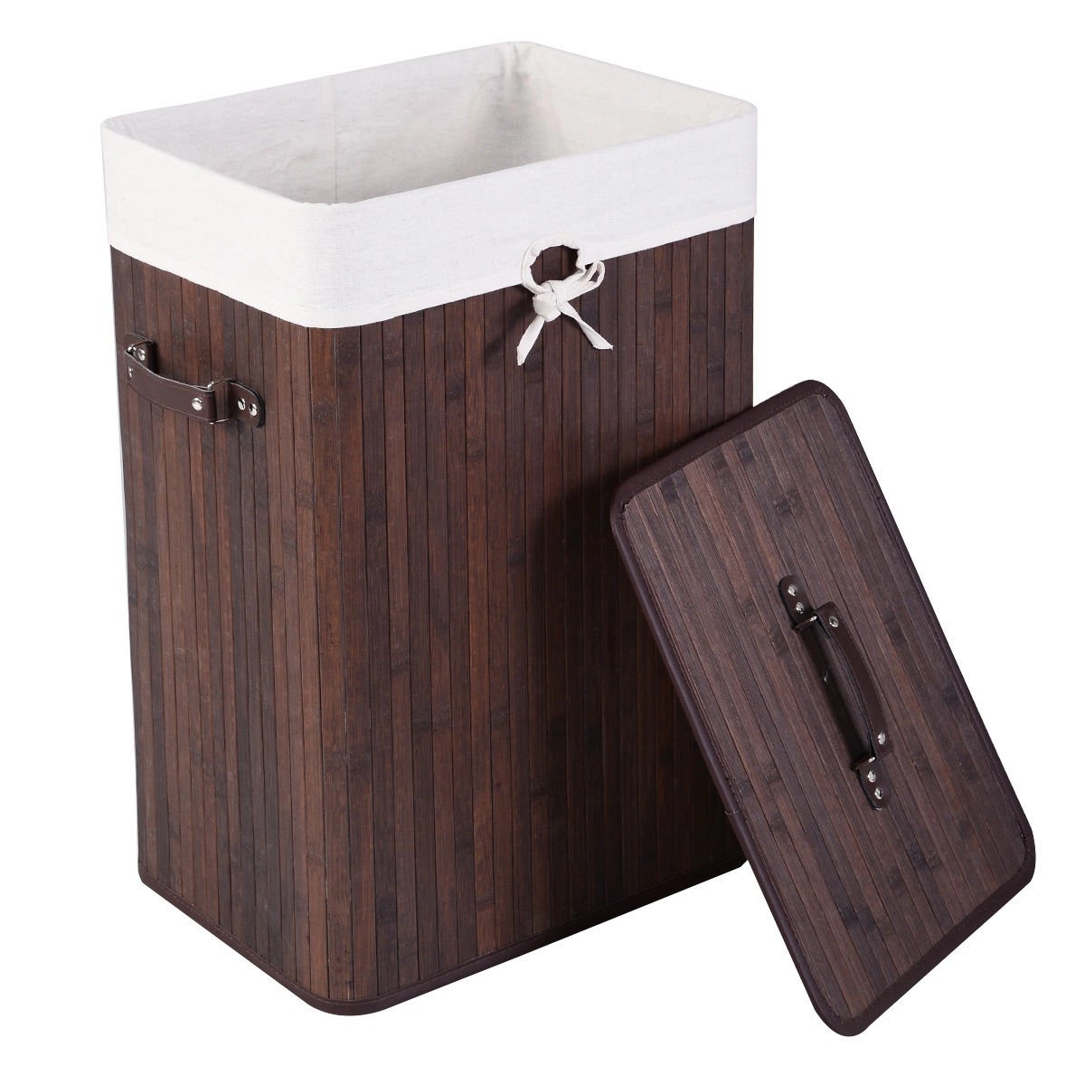 SUGIFT Brown 72L Rectangle Bamboo Clothes Hamper Laundry Basket with Lid Cotton Liner and PU Handles