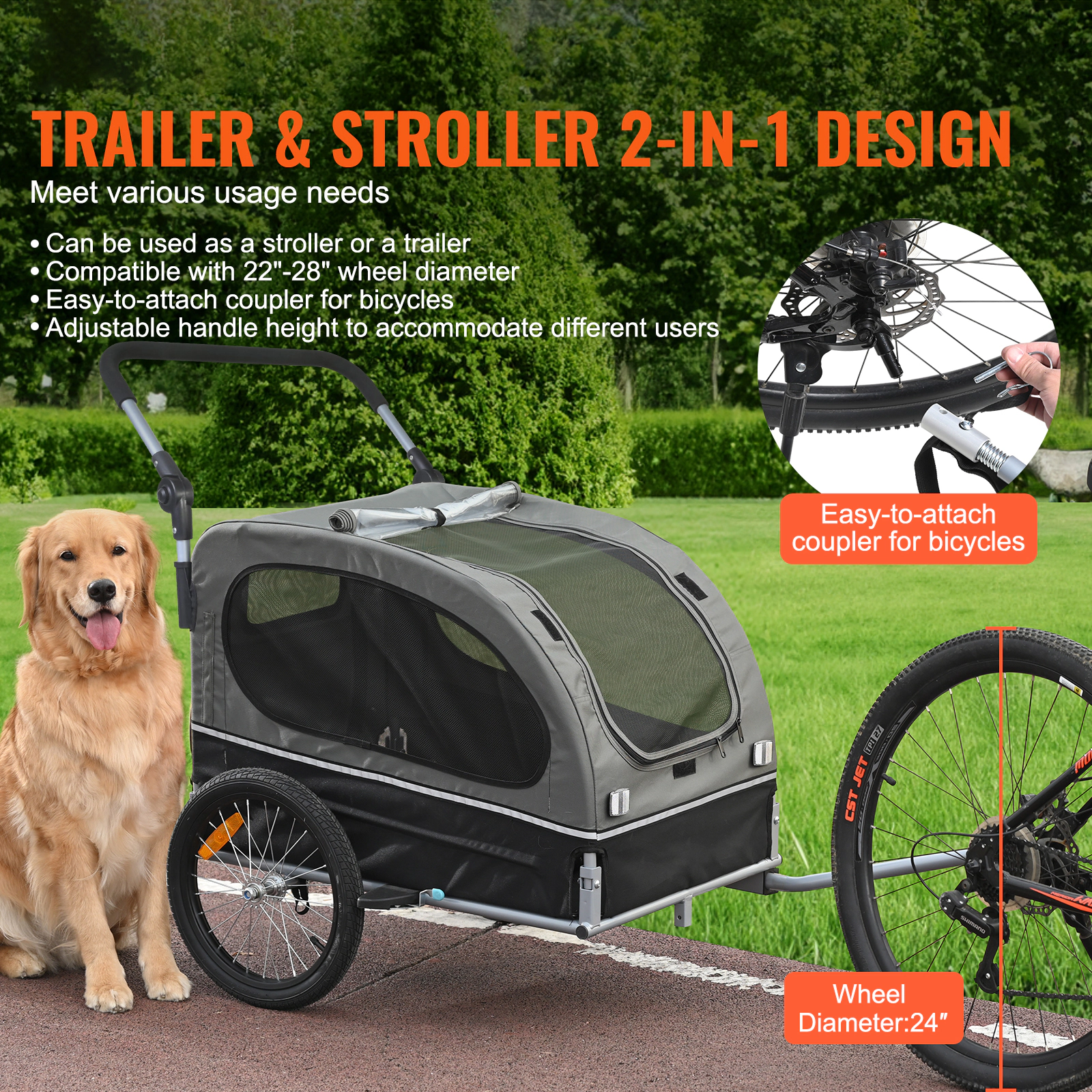 HONGGE 2-in-1 Dog Bike Trailer & Stroller, 88 lb Capacity, Adjustable Handle, Black/Gray