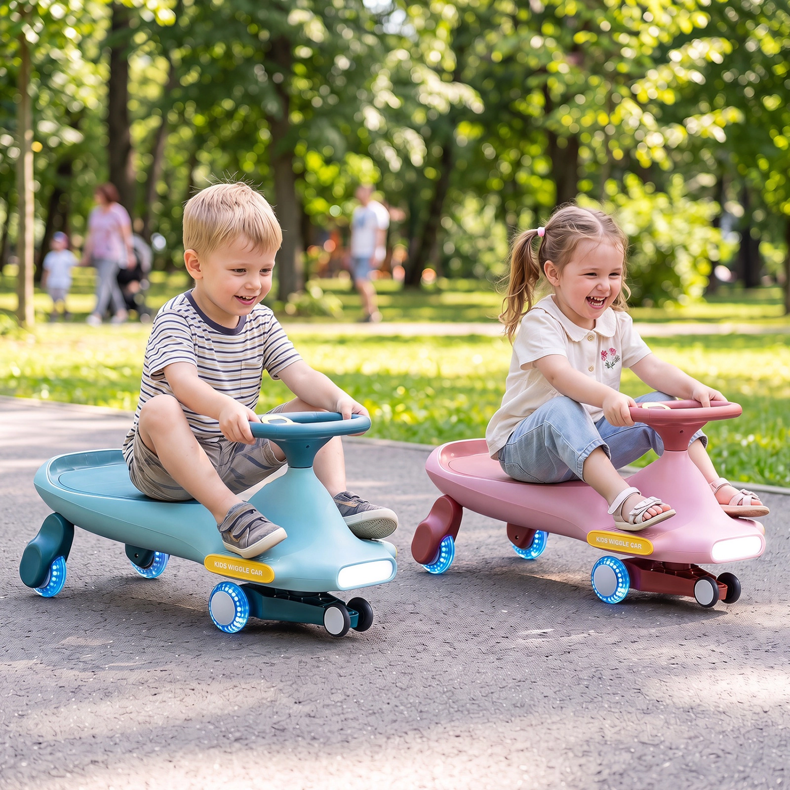 SUGIFT LED Flashing Wheel Wiggle Car Ride-On with Music 29 x 11.5 x 14.5 in Body Ages 2-8 Pink