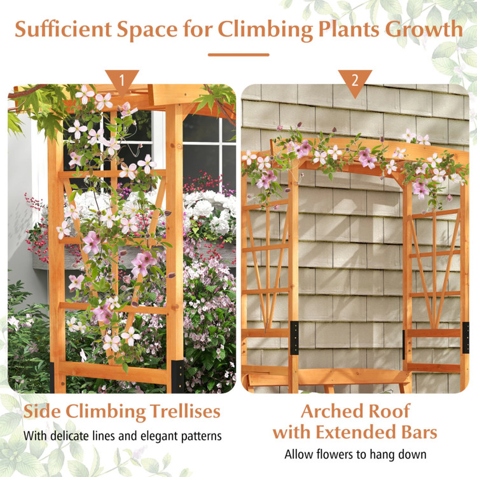 SUGIFT Yellow Fir Wood Garden Arbor with 2-Seat Bench, Climbing Trellis, 6.2 ft