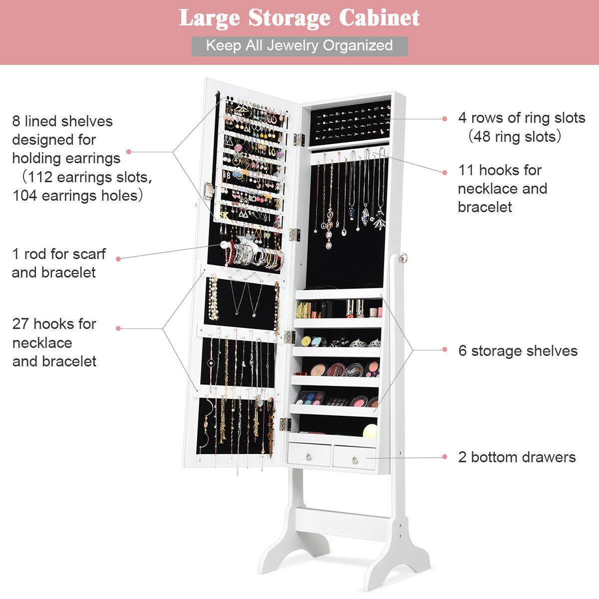 Slickblue 61.5 Inch Freestanding Lockable Jewelry Cabinet with Full-Length Mirror and 2 Storage Drawers