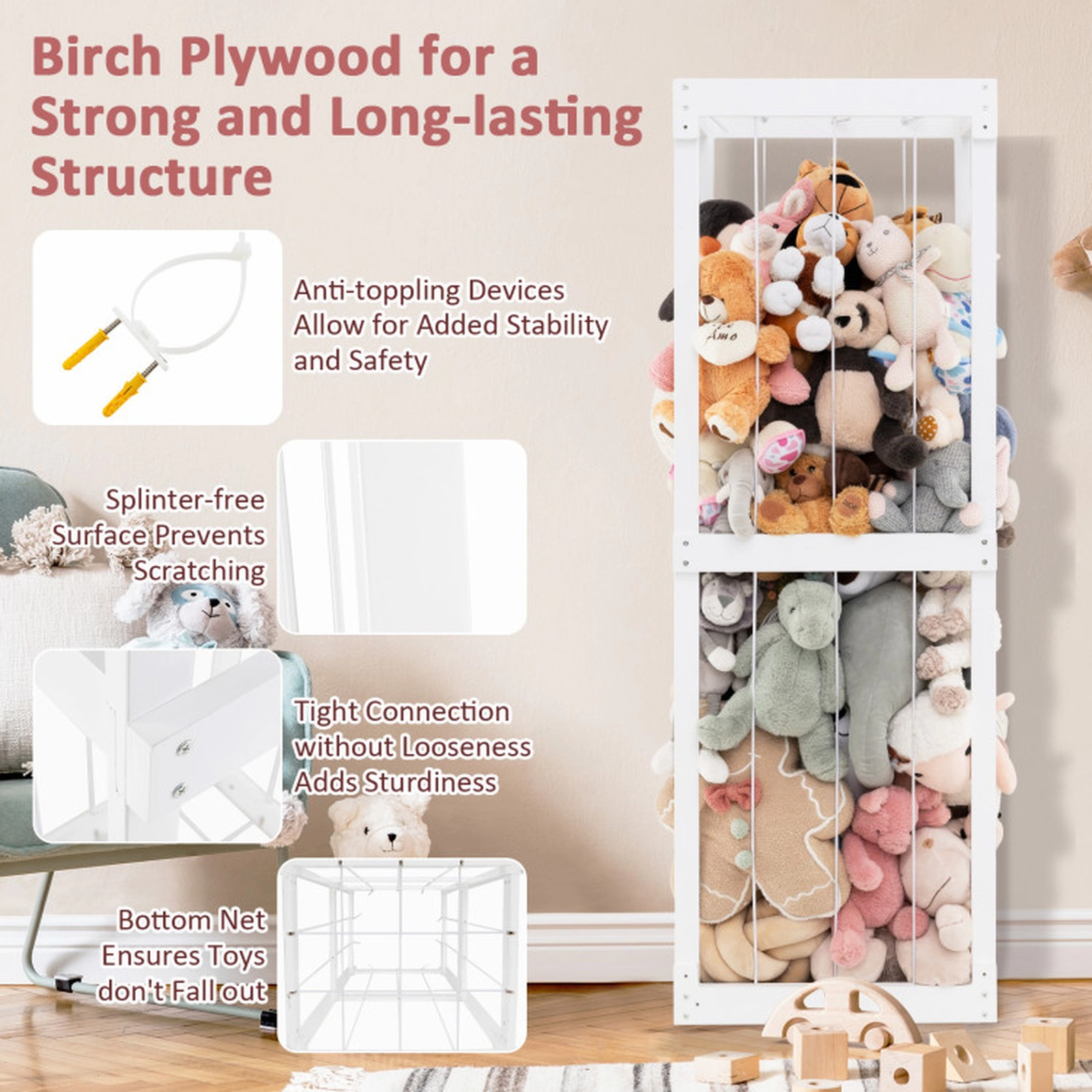 SUGIFT Kids 300L Elastic Cords Open Top Birch Plywood Stuffed Animal Toy Storage Holder 20.5-in x 18-in x 60-in White