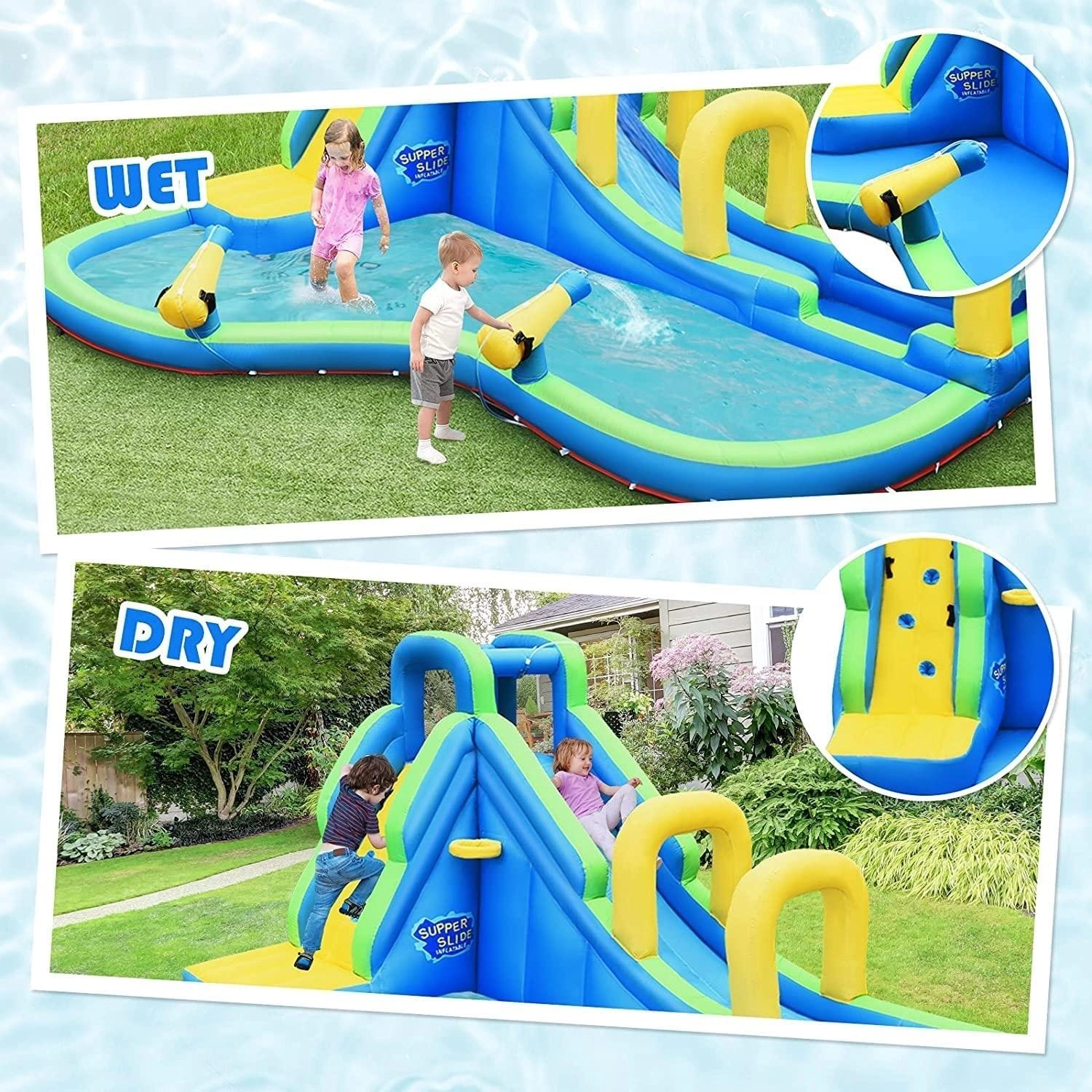 SUGIFT Blue 188-in Multifunctional Inflatable Water Bounce House with Slide and 735W Blower for Backyard