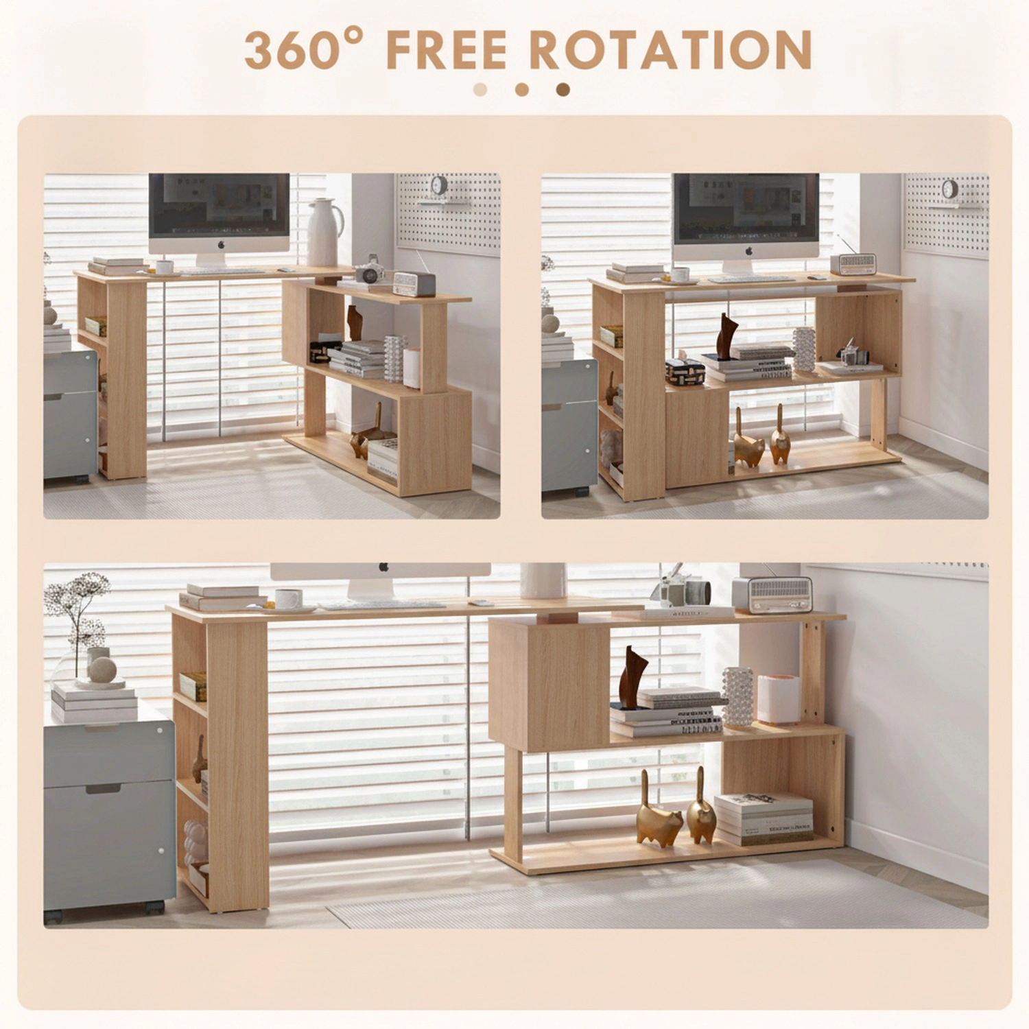 HONGGE 360-Degree Rotating L-Shaped Corner Computer Desk with Storage Shelves and Bookcase
