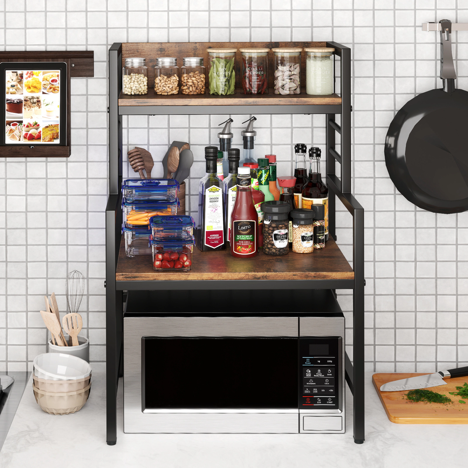 SUGIFT 3-Tier Microwave Stand Rustic Brown with 2 Open Shelves and Metal Frame