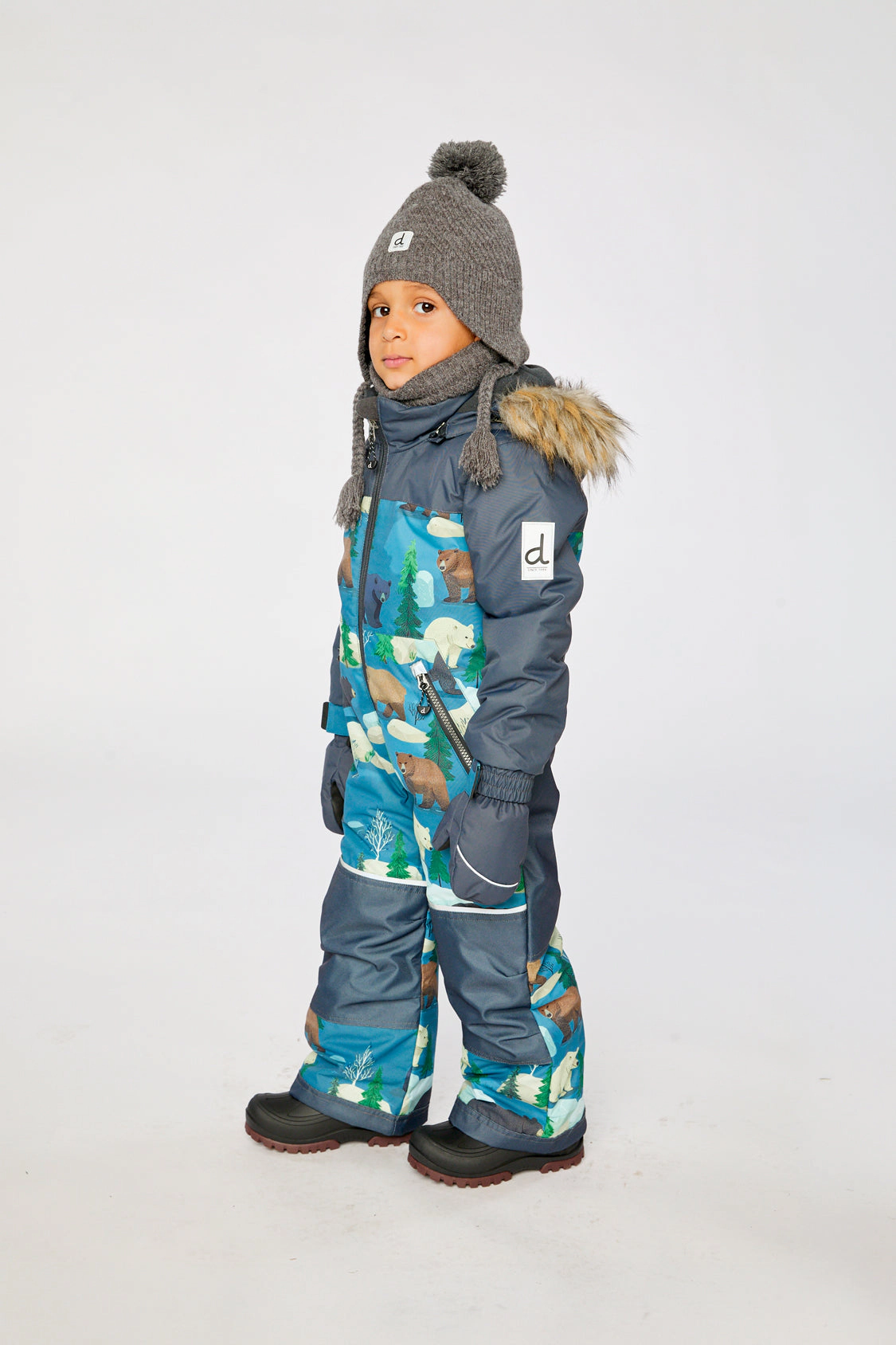 Deux par Boys Bear Print One Piece Discover Snowsuit with Detachable Hood