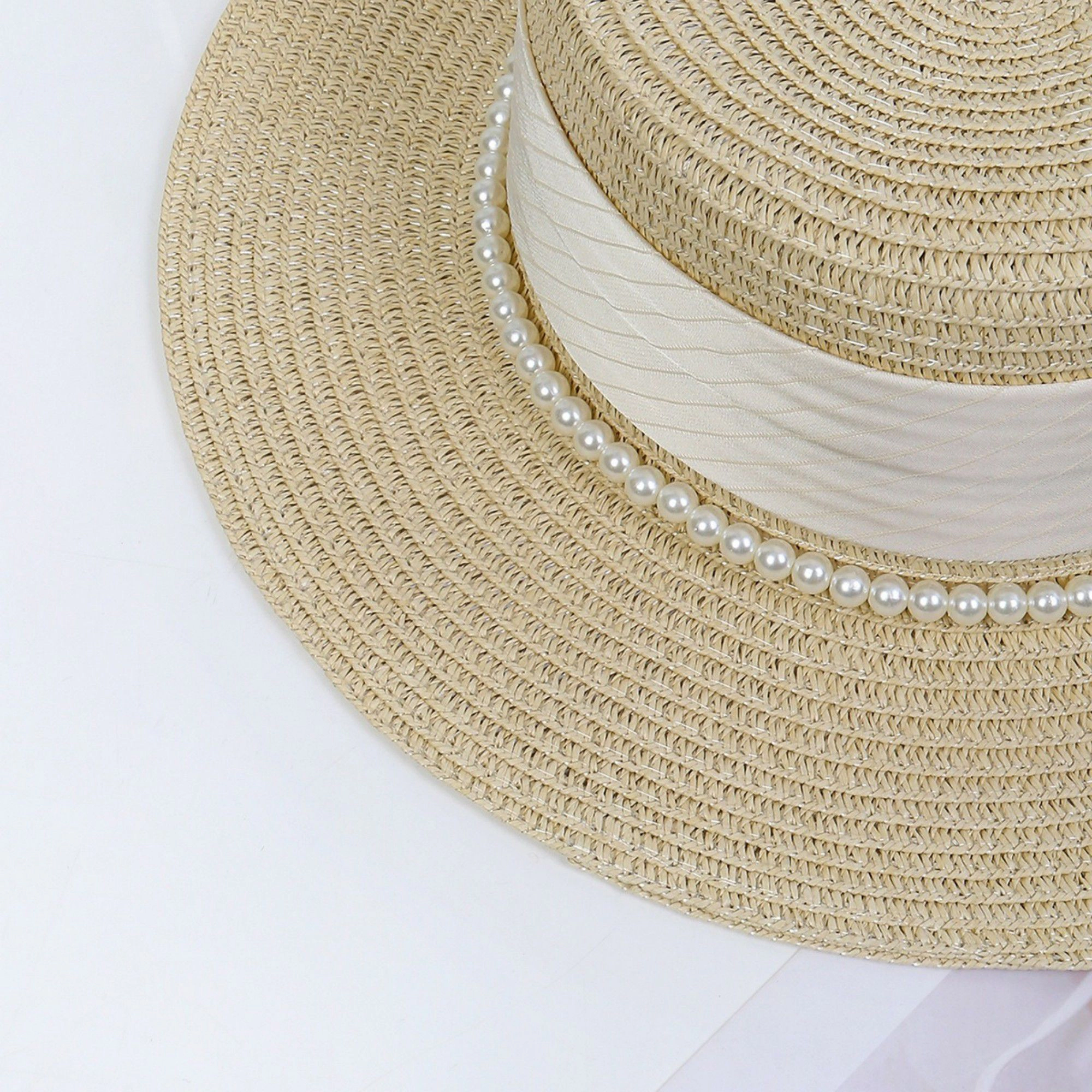 Anna-Kaci Women's Straw Boater Hat with Flat Brim Structured Crown Pearl Ribbon Band Detail