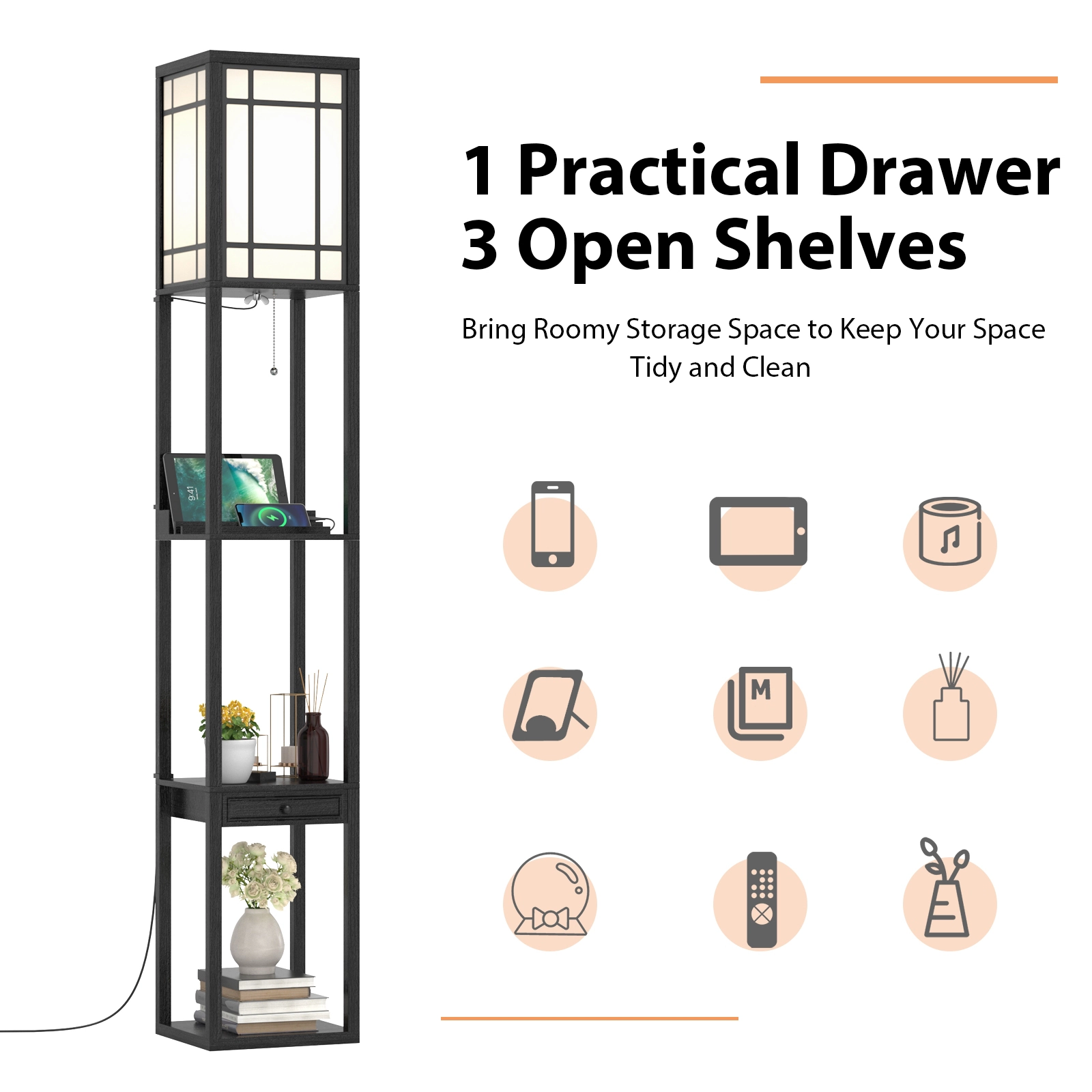 Slickblue Shelf Floor Lamp with USB Ports and Outlet 63in Black Storage Lamp with Shelves Drawer